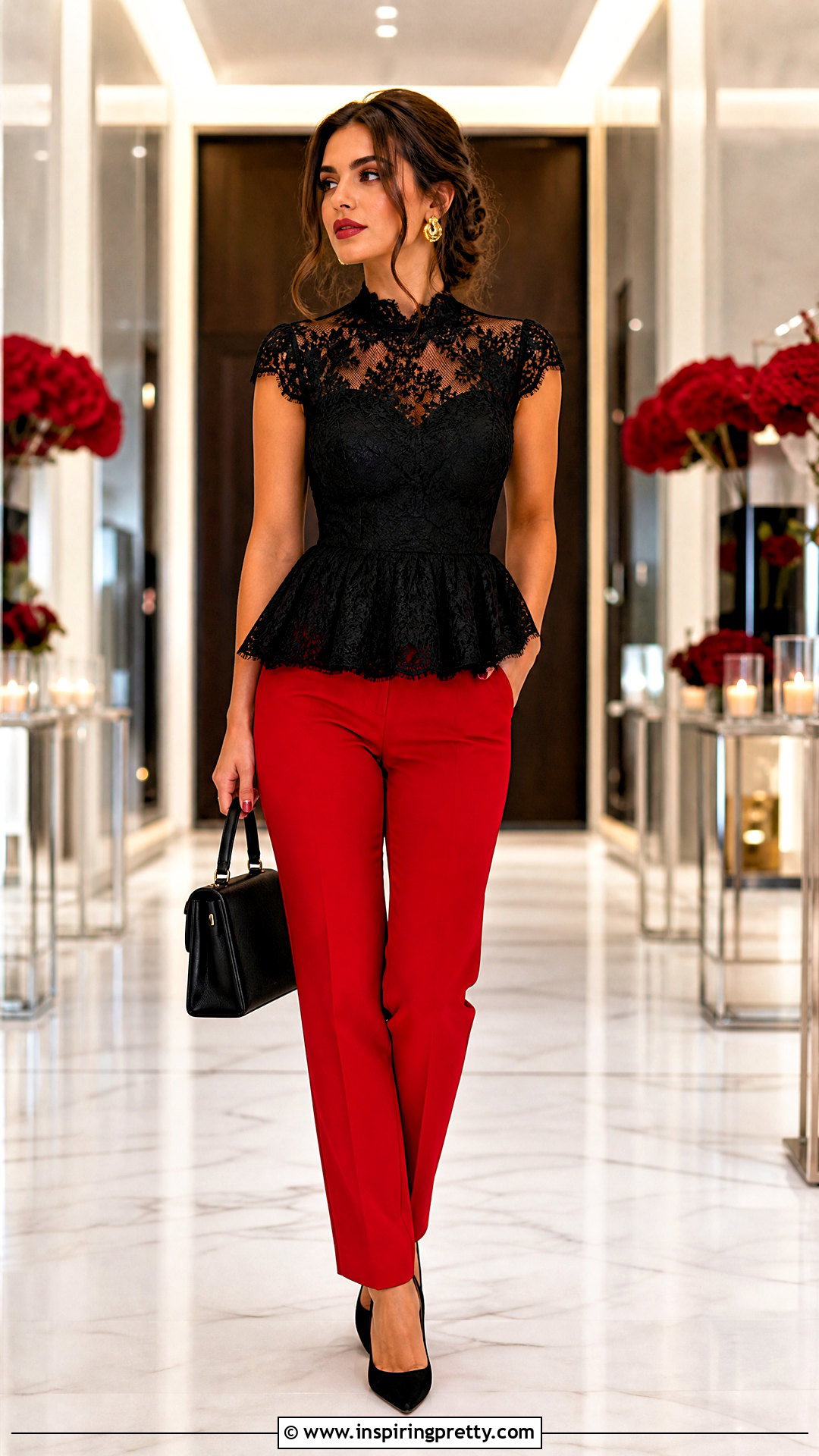 Black Lace Peplum Top With Red Trousers And Black Heels - 25 Black Lace Peplum Top outfit ideas