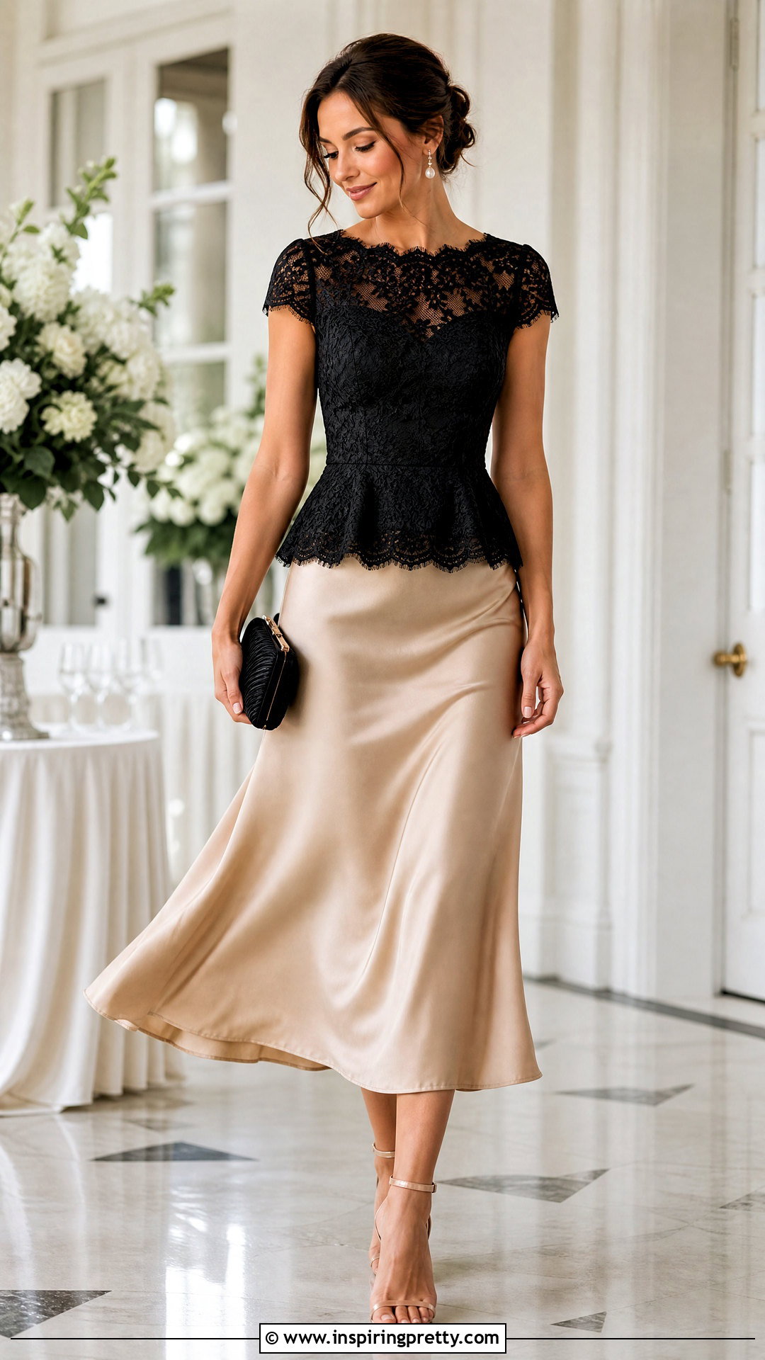 Black Lace Peplum Top With Satin Midi Skirt And Heels - 25 Black Lace Peplum Top outfit ideas