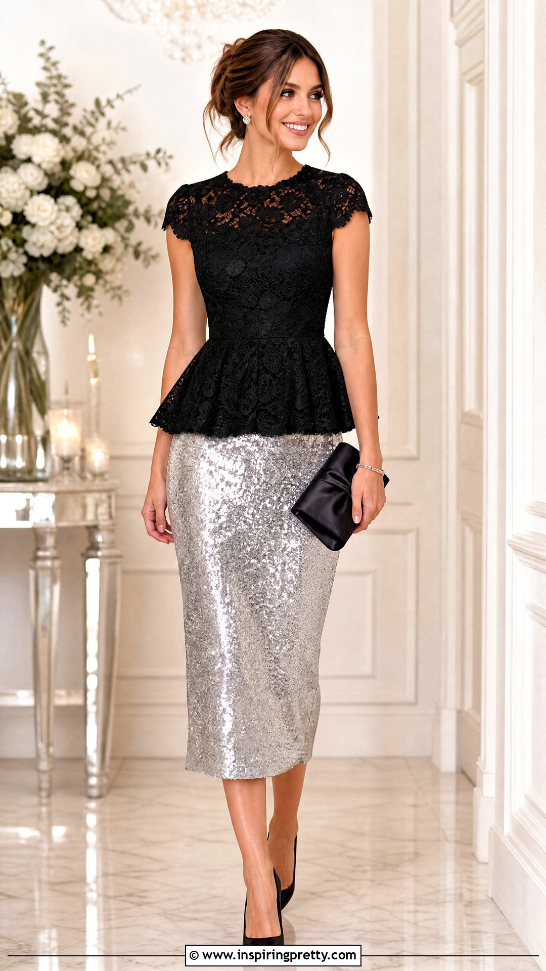 Black Lace Peplum Top With Sequin Midi Skirt And Pumps - 25 Black Lace Peplum Top outfit ideas