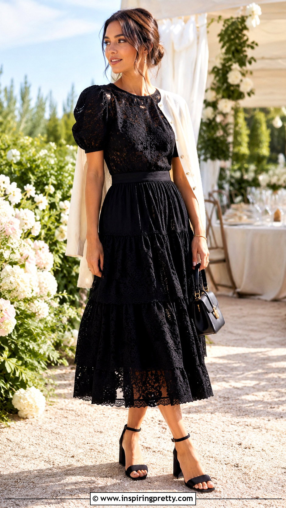 Black Lace Puff Sleeve Top And Tiered Midi Skirt Set - 20 black lace skirt and top set outfits