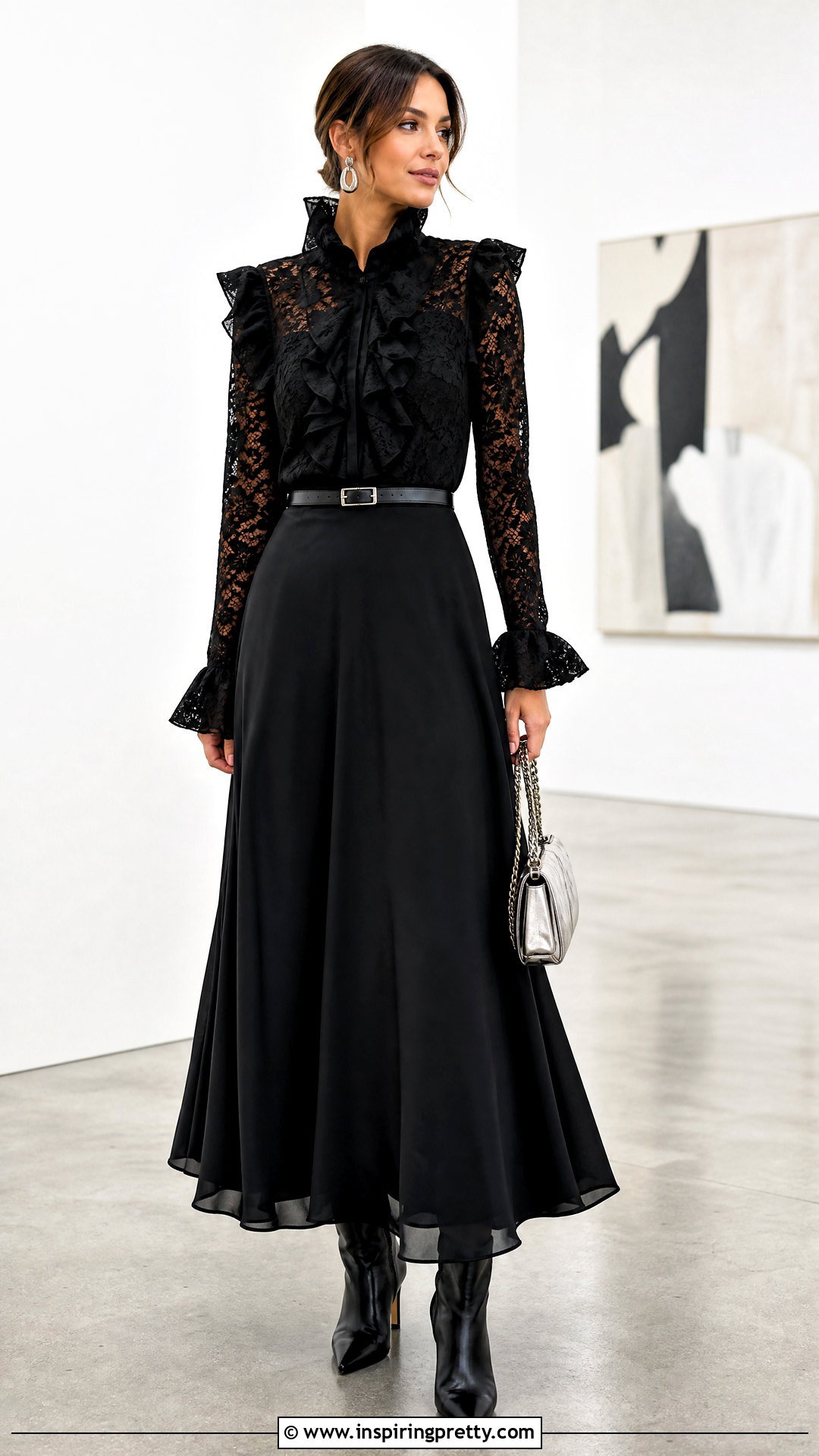 Black Lace Ruffle Top With Black Maxi Skirt - 25 black lace ruffle top outfit ideas