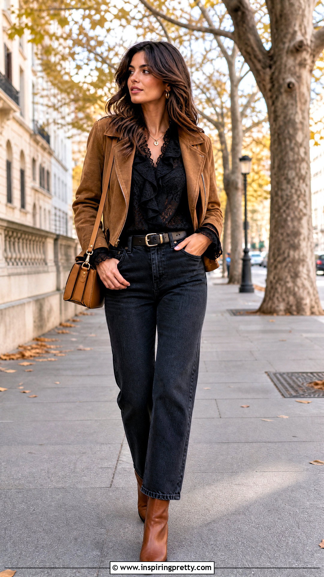 Black Lace Ruffle Top With Camel Suede Jacket - 25 black lace ruffle top outfit ideas