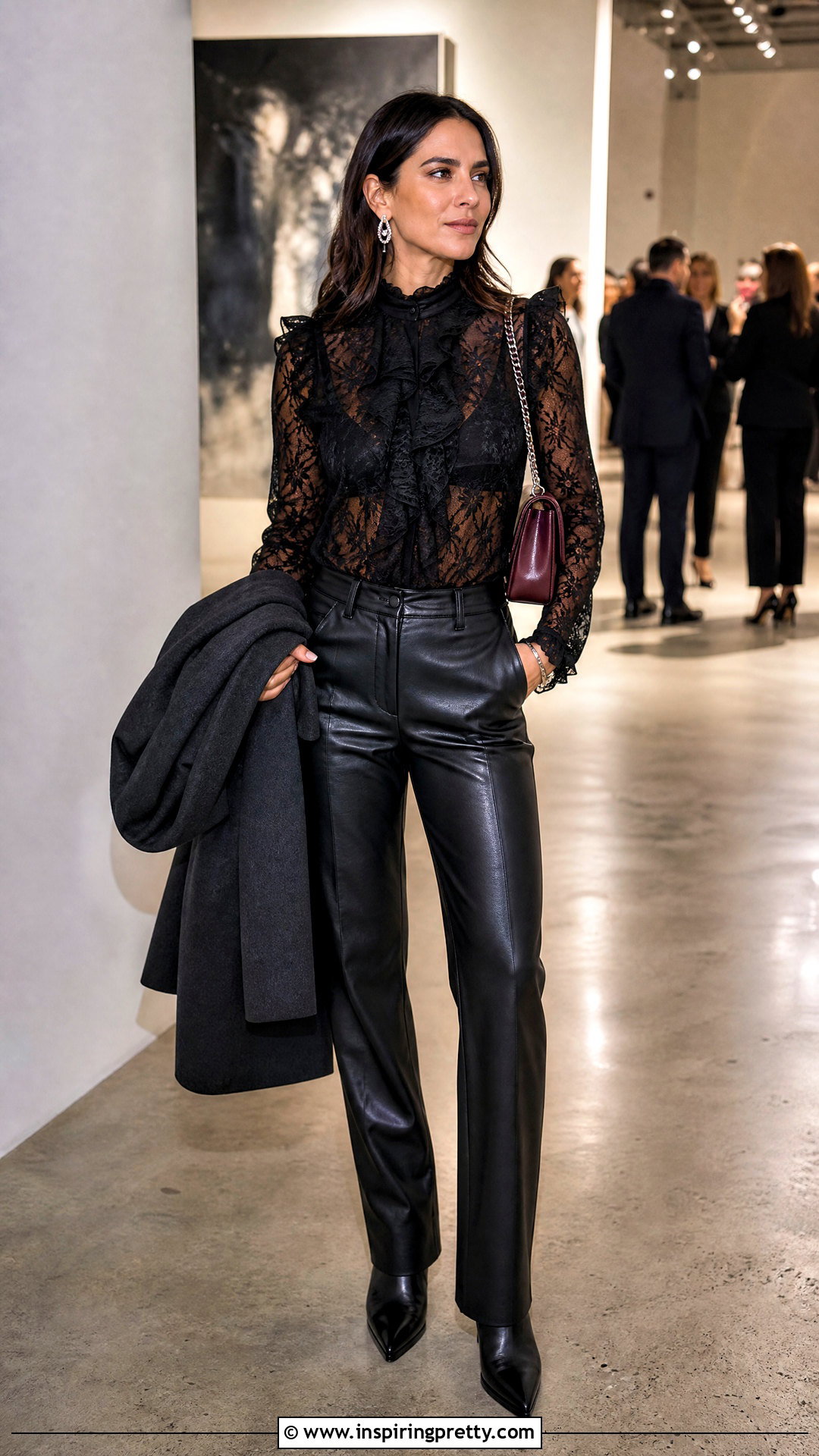 Black Lace Ruffle Top With Faux Leather Pants - 25 black lace ruffle top outfit ideas
