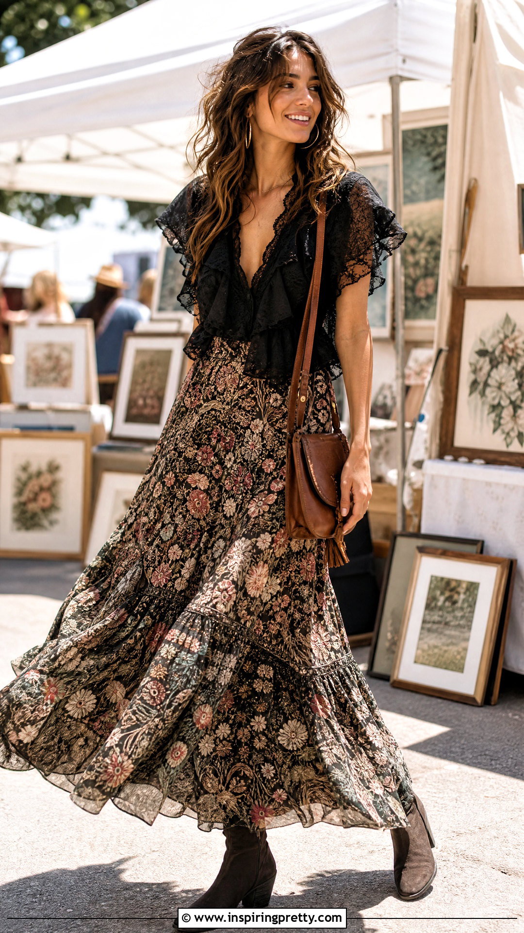 Black Lace Ruffle Top With Floral Maxi Skirt - 25 black lace ruffle top outfit ideas