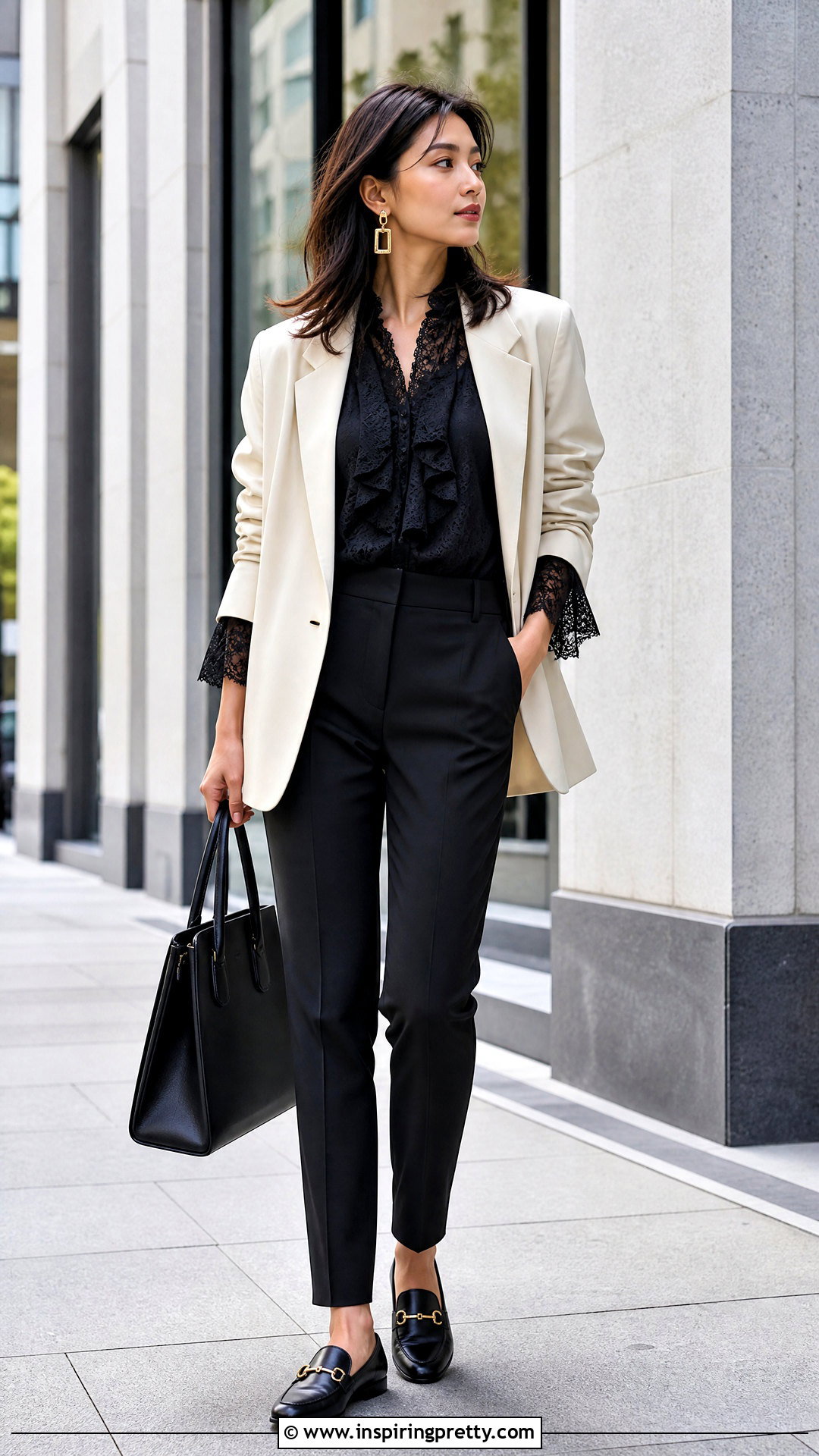 Black Lace Ruffle Top With Oversized Blazer - 25 black lace ruffle top outfit ideas