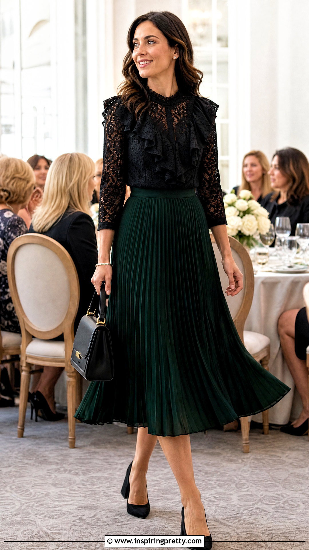 Black Lace Ruffle Top With Pleated Midi Skirt - 25 black lace ruffle top outfit ideas
