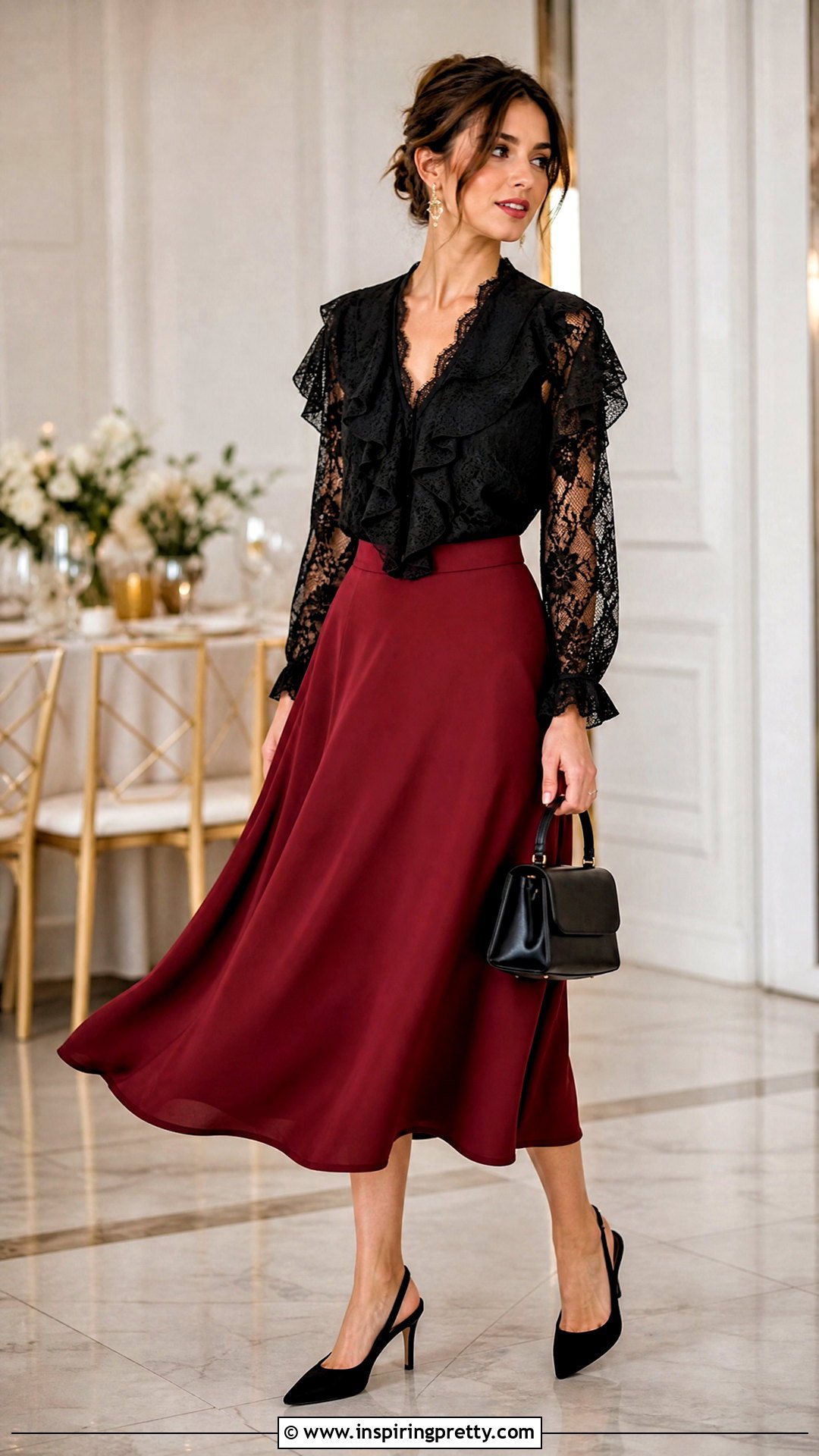 Black Lace Ruffle Top With Red Midi Skirt - 25 black lace ruffle top outfit ideas