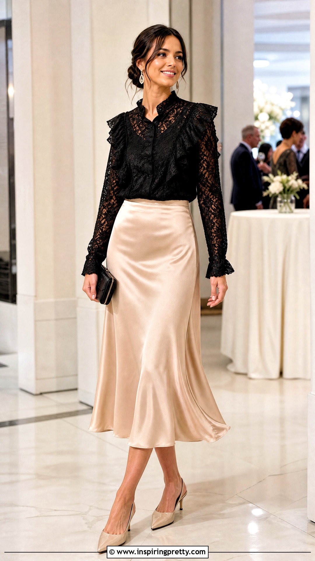 Black Lace Ruffle Top With Satin Midi Skirt - 25 black lace ruffle top outfit ideas