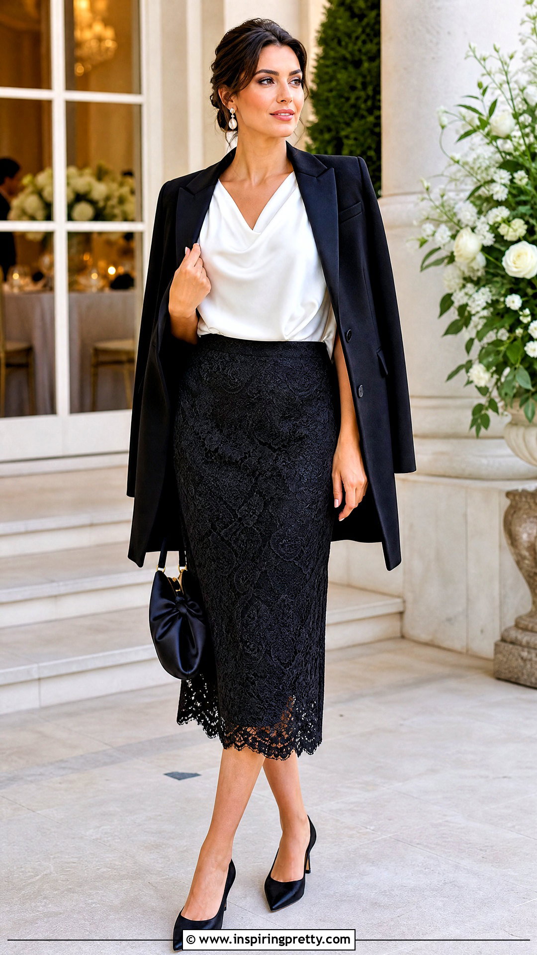 Black Lace Skirt And White Satin Blouse Outfit - 50 Black Skirt And White Top Outfit ideas