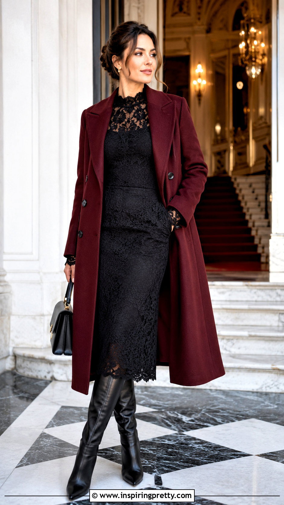 Black Lace Skirt Set With Burgundy Coat - 20 black lace skirt and top set outfits