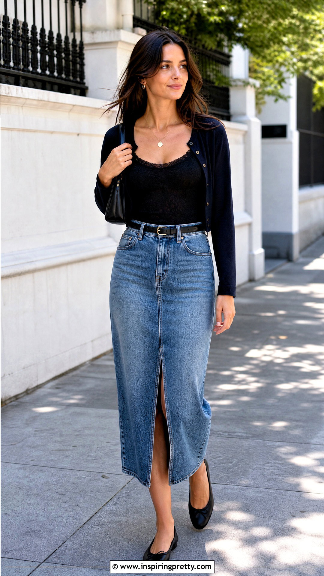 Black Lace Tank Top With Denim Midi Skirt - 50 black lace tank top outfit ideas