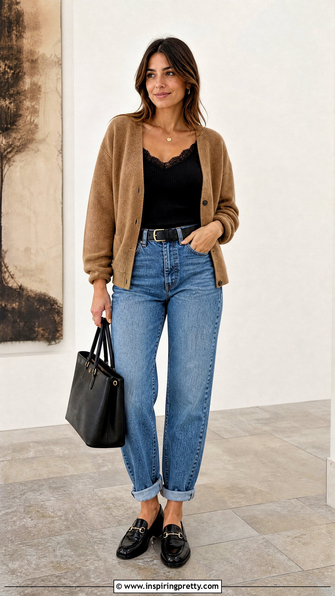 Black Lace Tank Top With Mom Jeans And Loafers - 50 black lace tank top outfit ideas