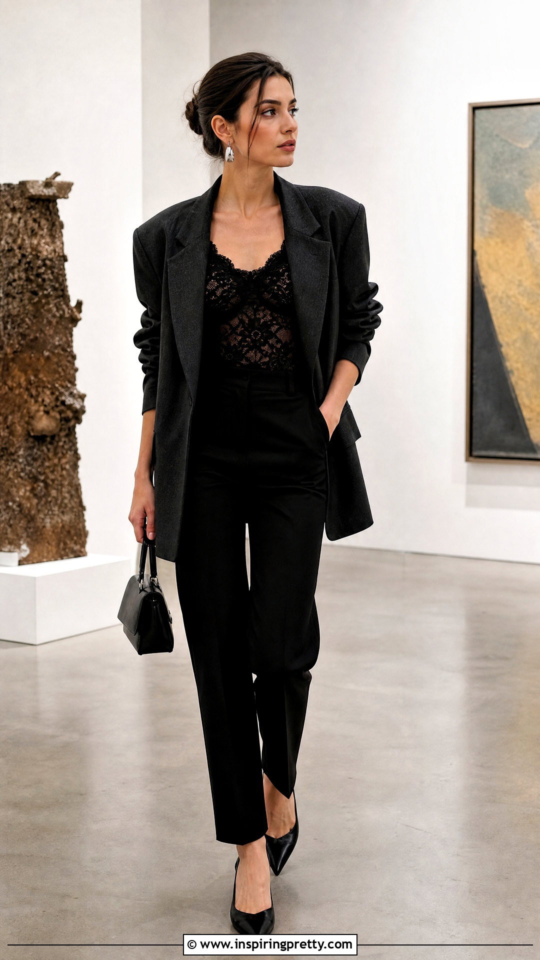 Black Lace Tank Top With Oversized Blazer - 50 black lace tank top outfit ideas