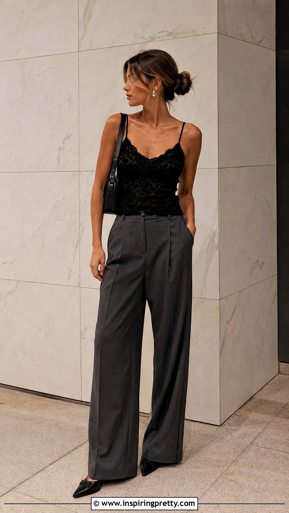 Black Lace Tank Top With Wide Leg Trousers - 50 lace tank top outfit ideas