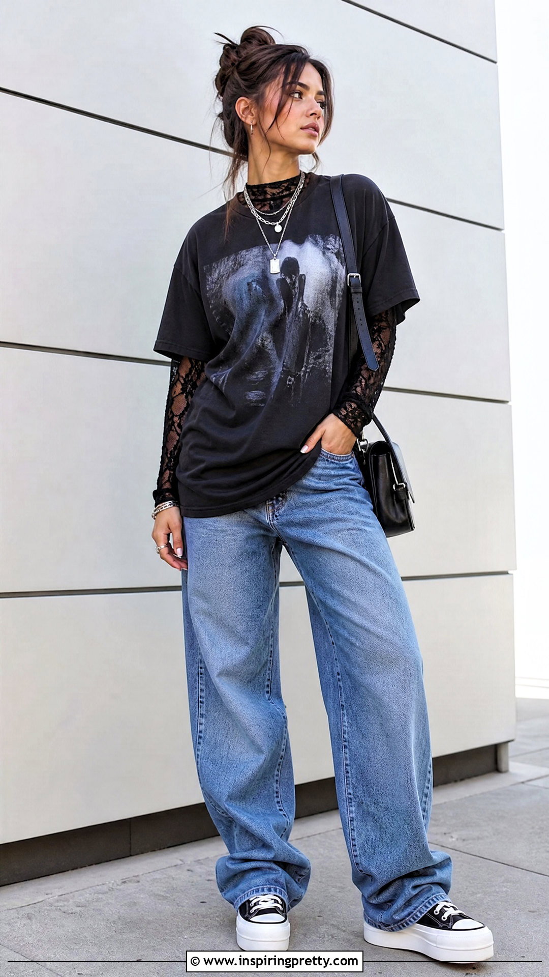 Black Lace Top Under A Graphic T Shirt - 50 black lace top outfit ideas