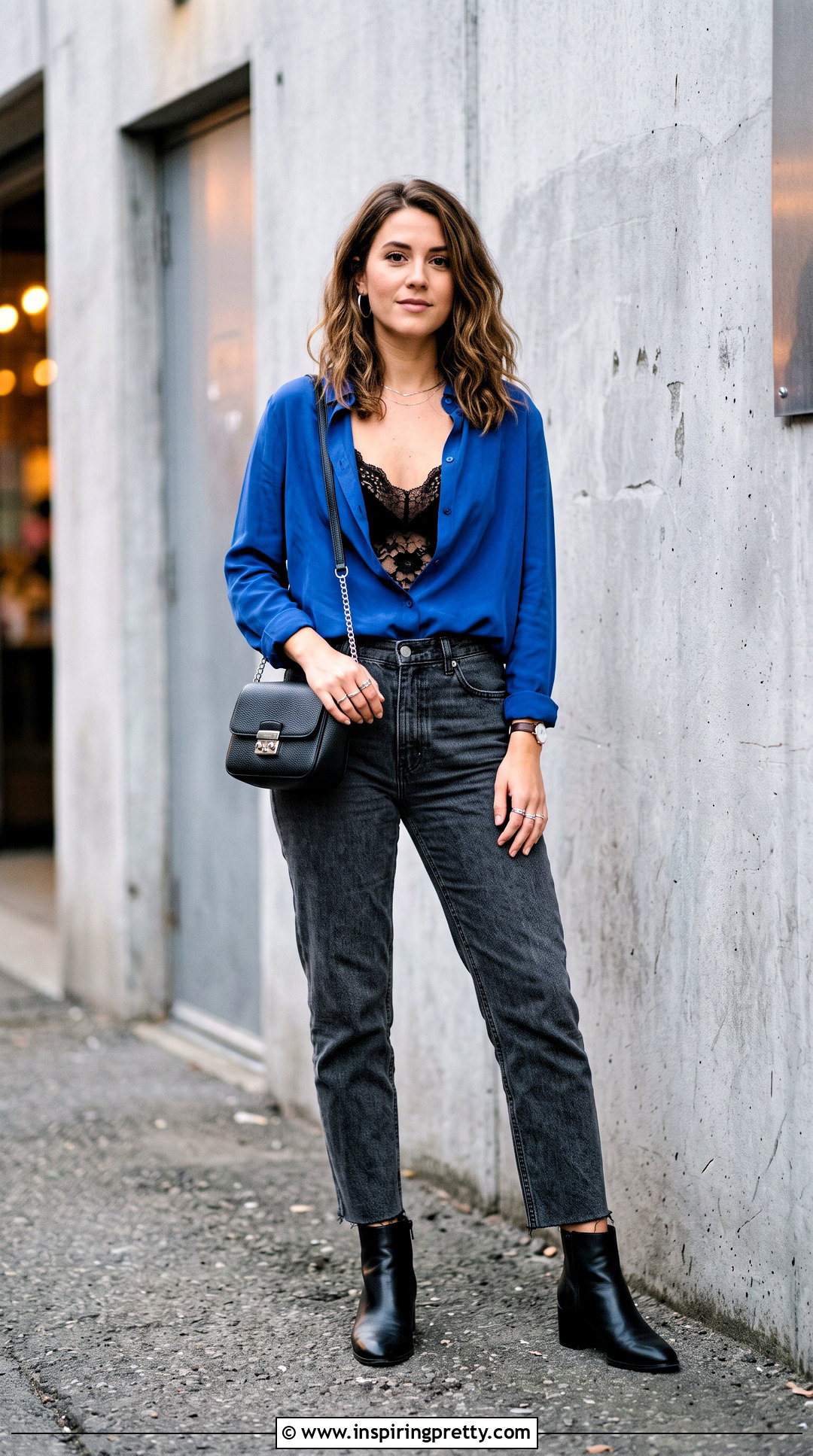 Black Lace Top Under Cobalt Shirt With Gray Jeans - 50 lace top under shirt outfit ideas