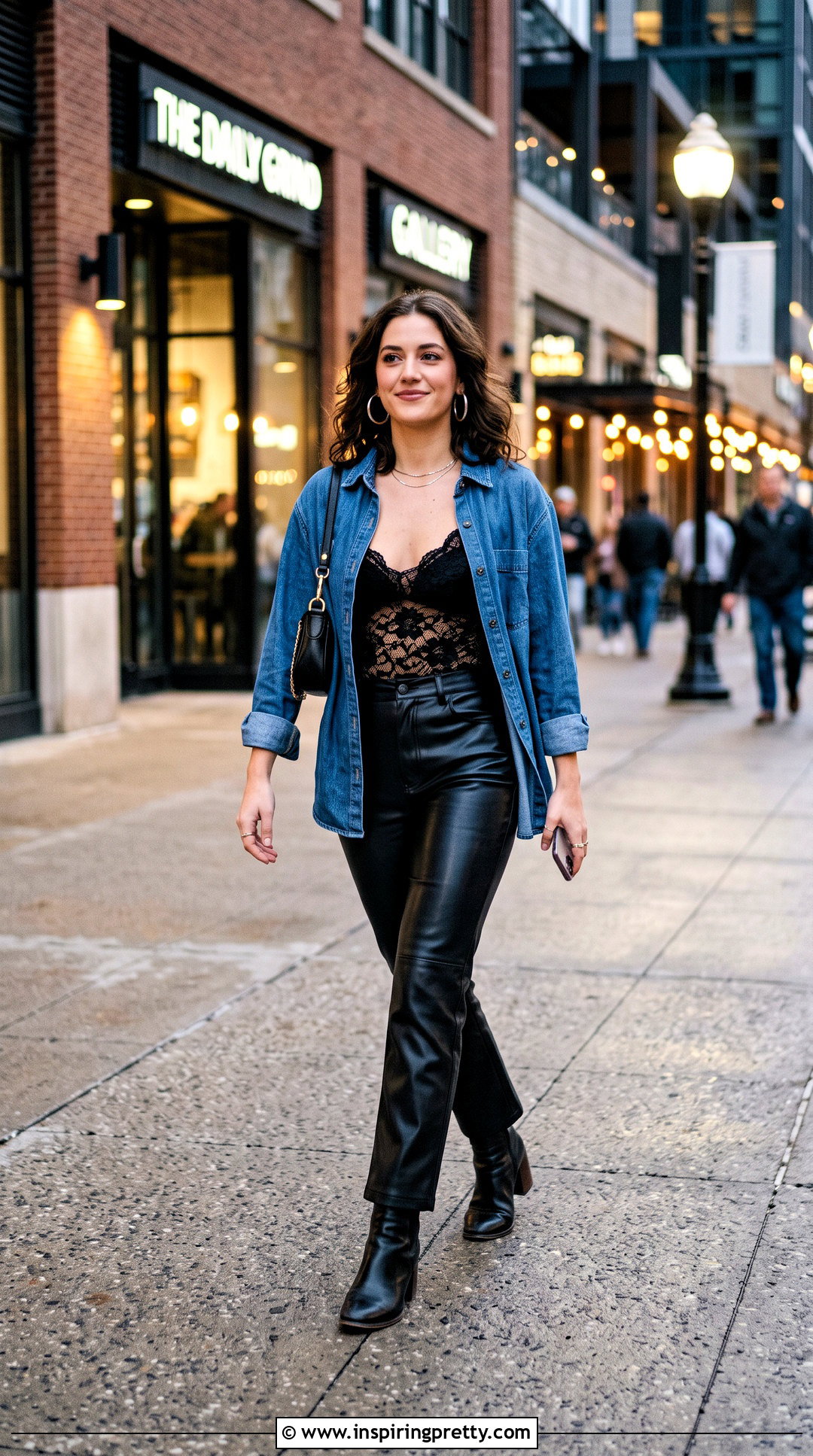 Black Lace Top Under Denim Shirt With Leather Pants - 50 lace top under shirt outfit ideas