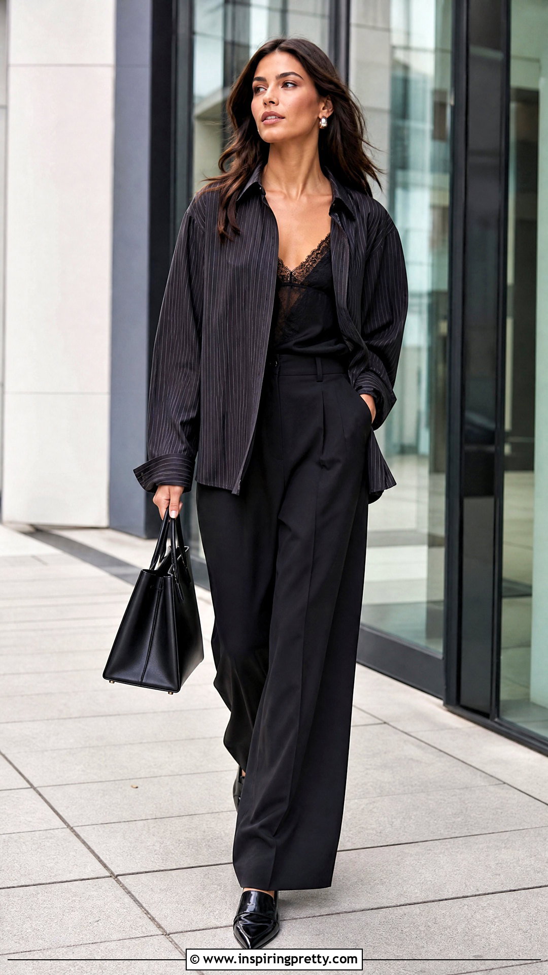 Black Lace Top Under Pinstripe Shirt With Tailored Pants - 50 lace top under shirt outfit ideas