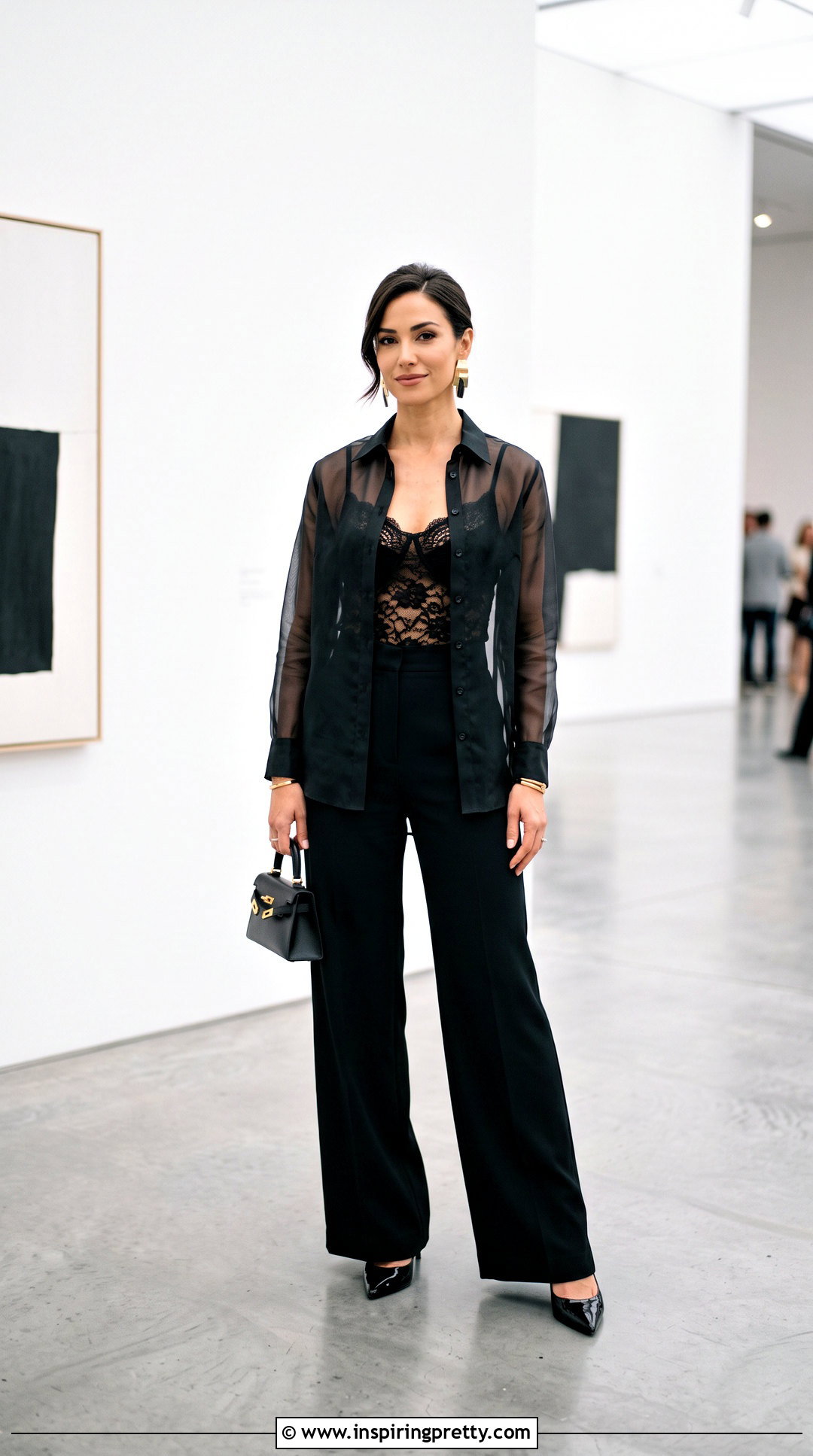Black Lace Top Under Sheer Shirt With Wide Leg Pants - 50 lace top under shirt outfit ideas