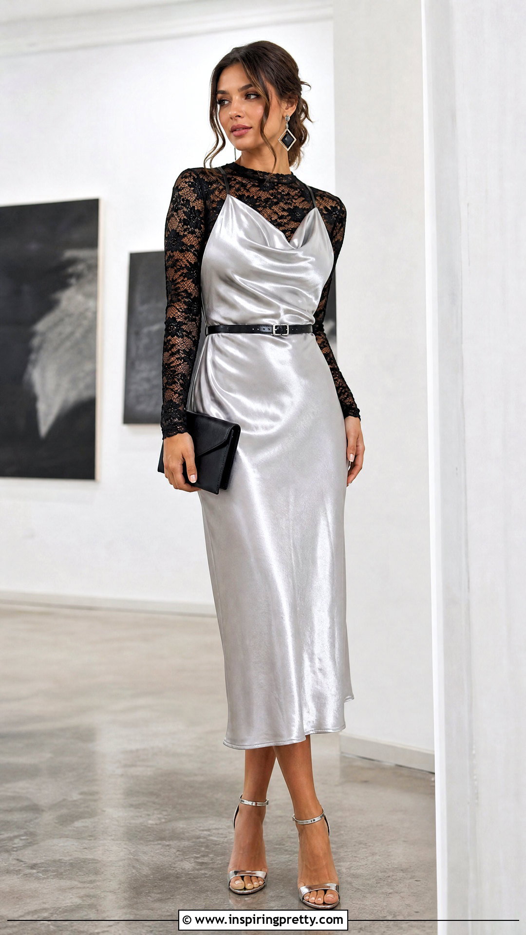 Black Lace Top Under Silver Slip Dress With Metallic Heels - 25 Lace Top Under Slip Dress outfit ideas