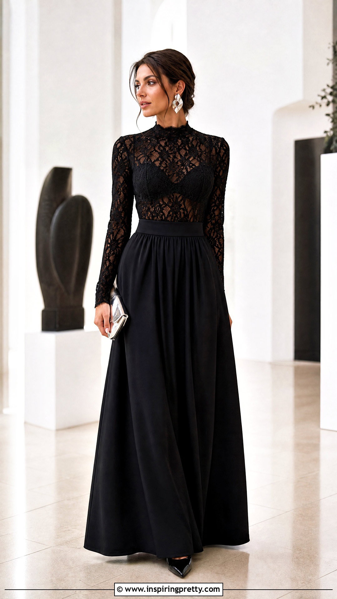 Black Lace Top With Black Maxi Skirt - 50 black lace top outfit classy ideas