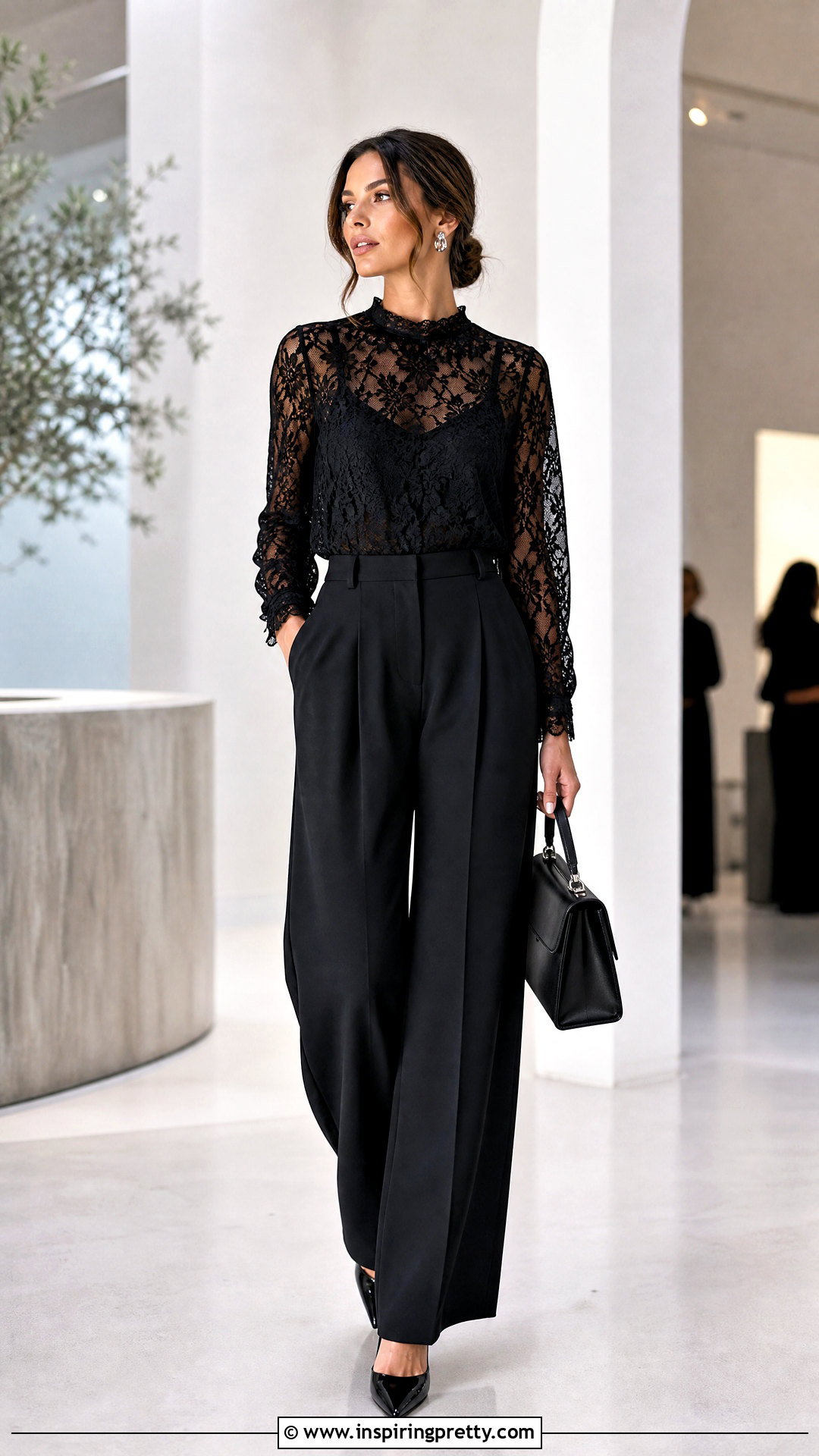 Black Lace Top With Black Pants - 50 lacy tops outfit ideas