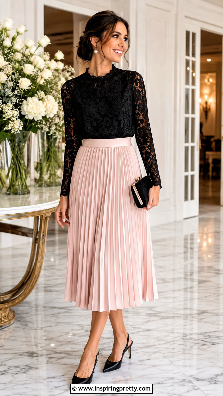 Black Lace Top With Blush Midi Skirt - 50 girly tops outfit ideas