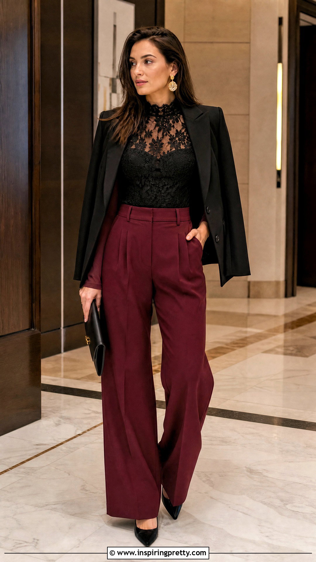 Black Lace Top With Burgundy Trousers - 50 black lace top outfit night ideas