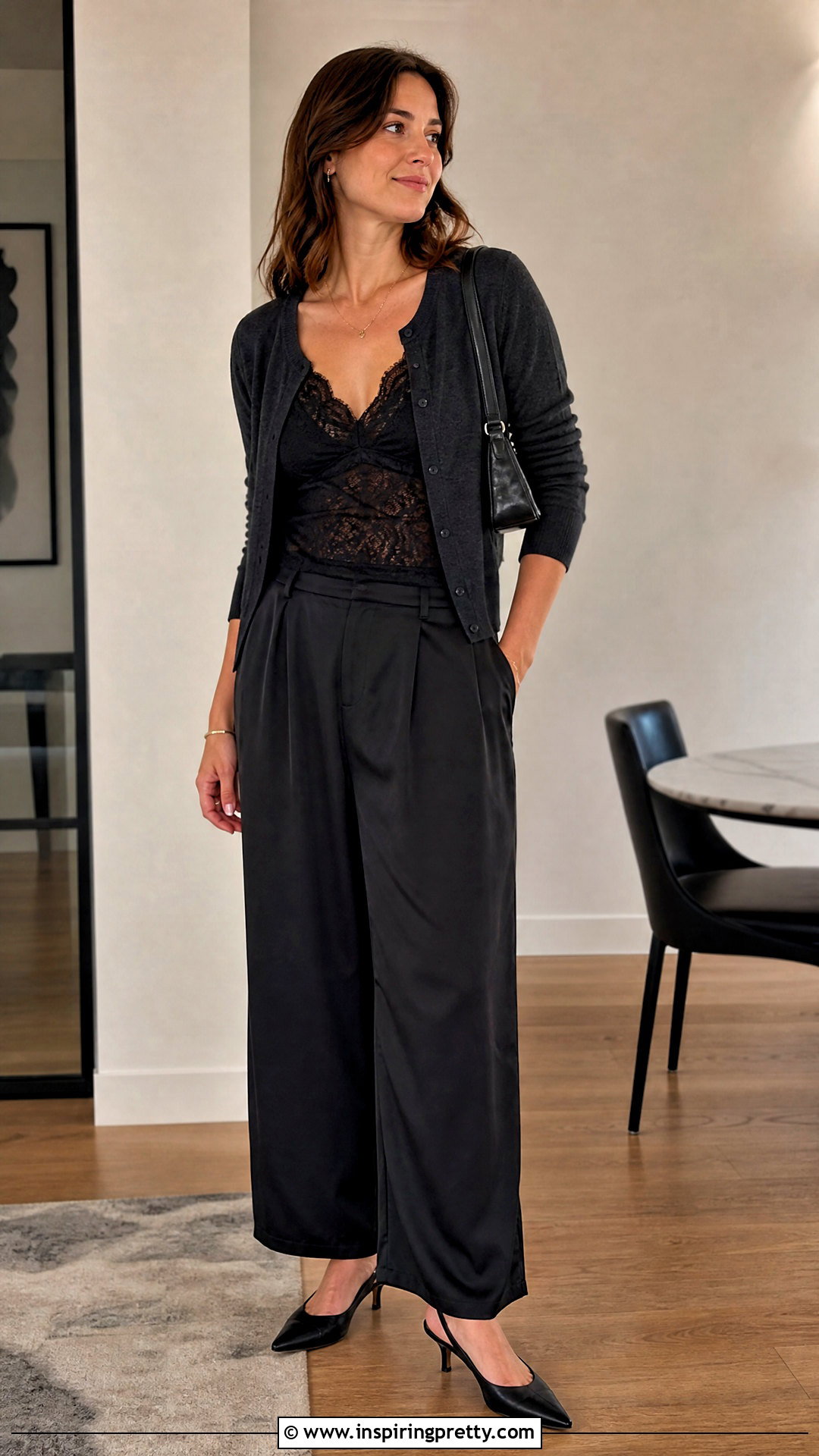 Black Lace Top With Cardigan And Satin Pants - 50 black lace top outfit night ideas