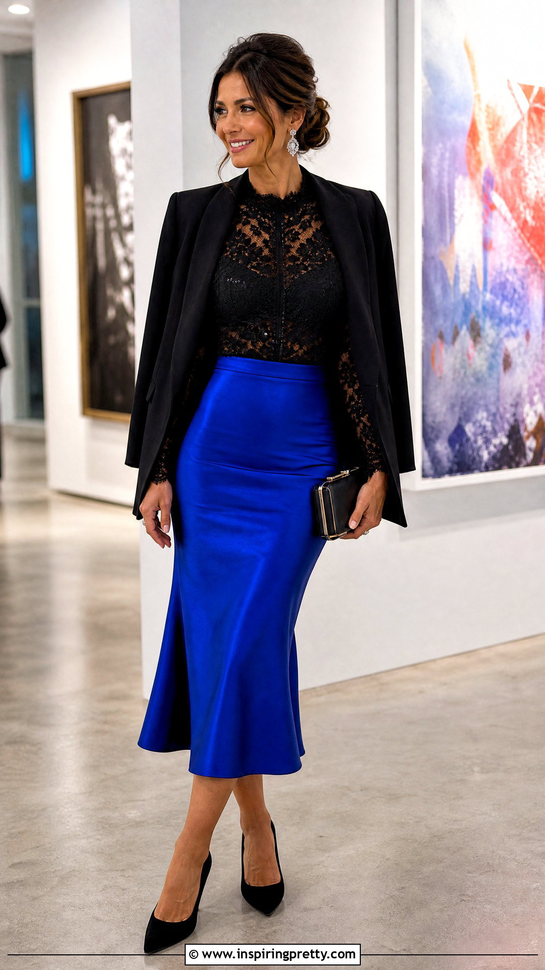 Black Lace Top With Cobalt Blue Skirt - 50 black lace top outfit night ideas