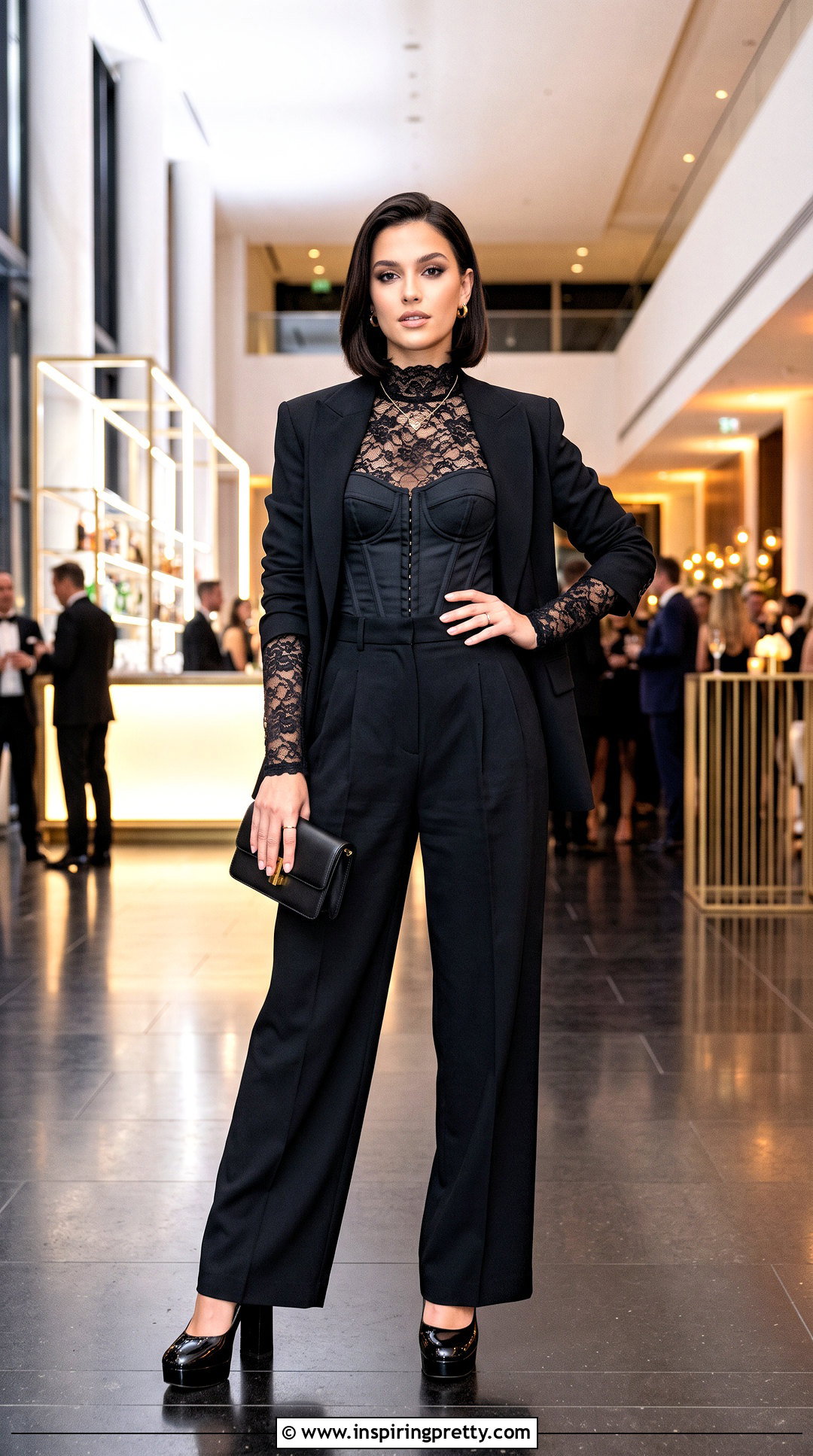 Black Lace Top With Corset And Trousers - 50 black lace top outfit night ideas