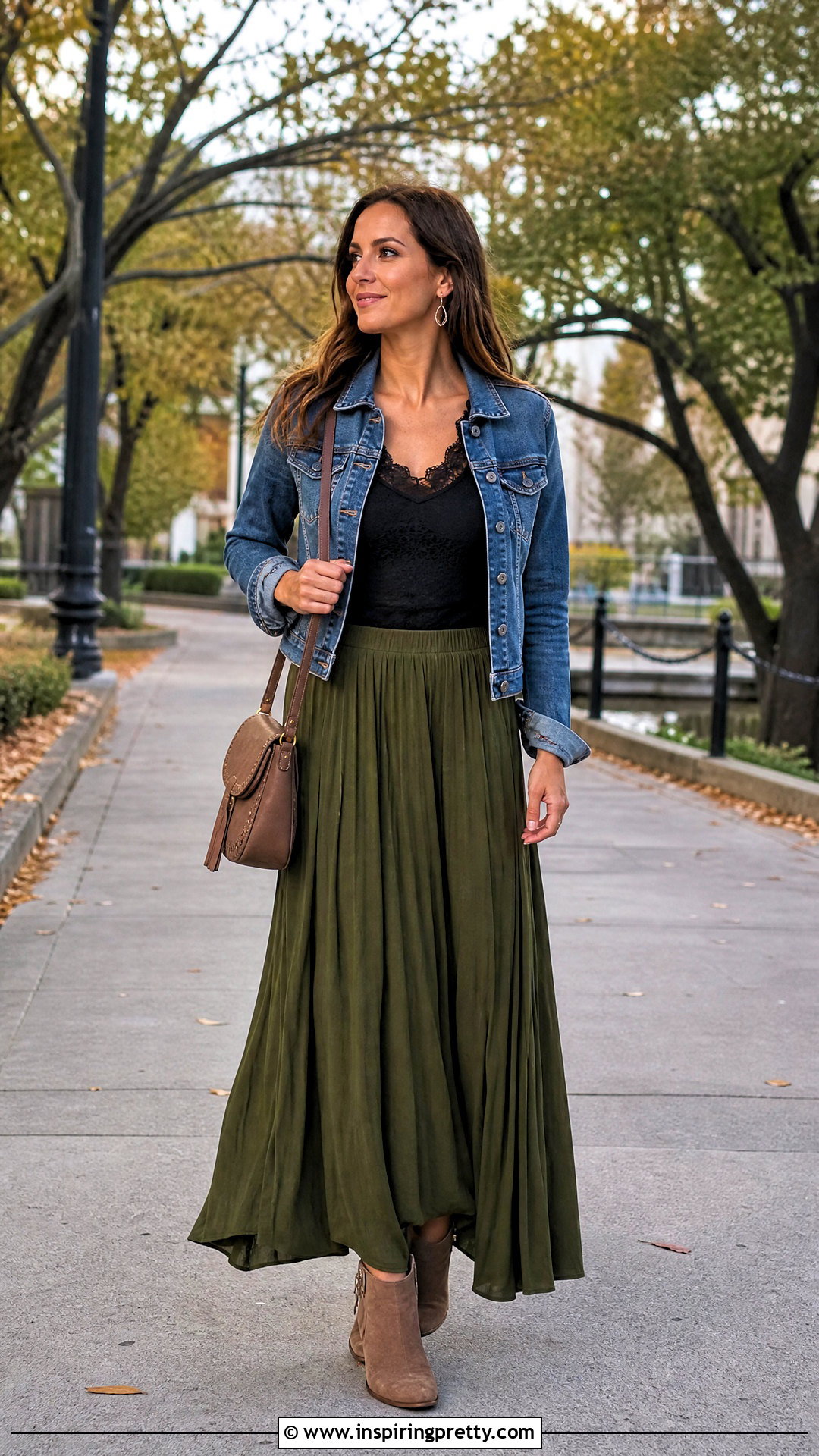 Black Lace Top With Denim Jacket And Maxi Skirt - 50 black lace top outfit ideas