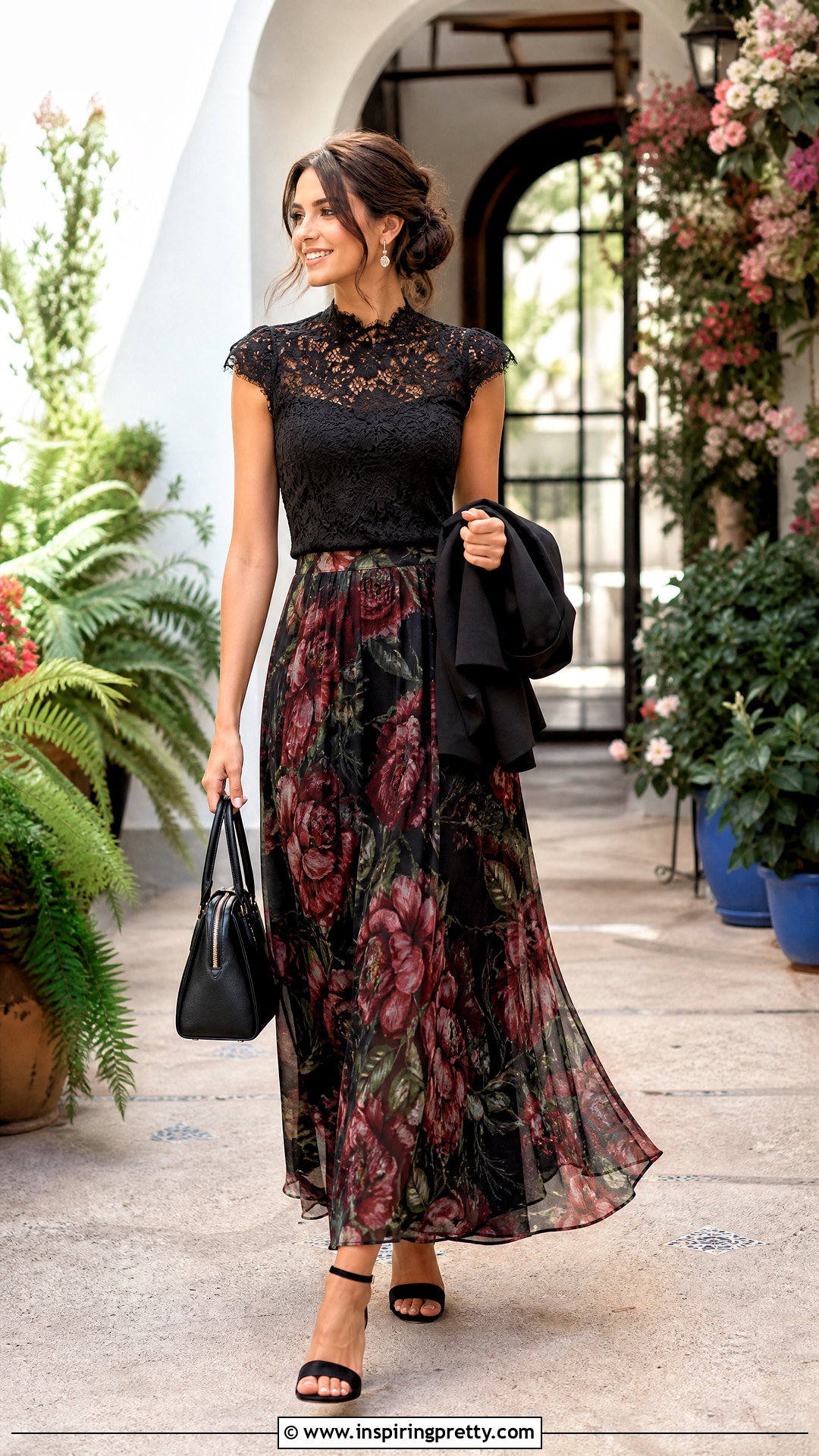 Black Lace Top With Floral Maxi Skirt - 20 black lace top on hanger outfit ideas