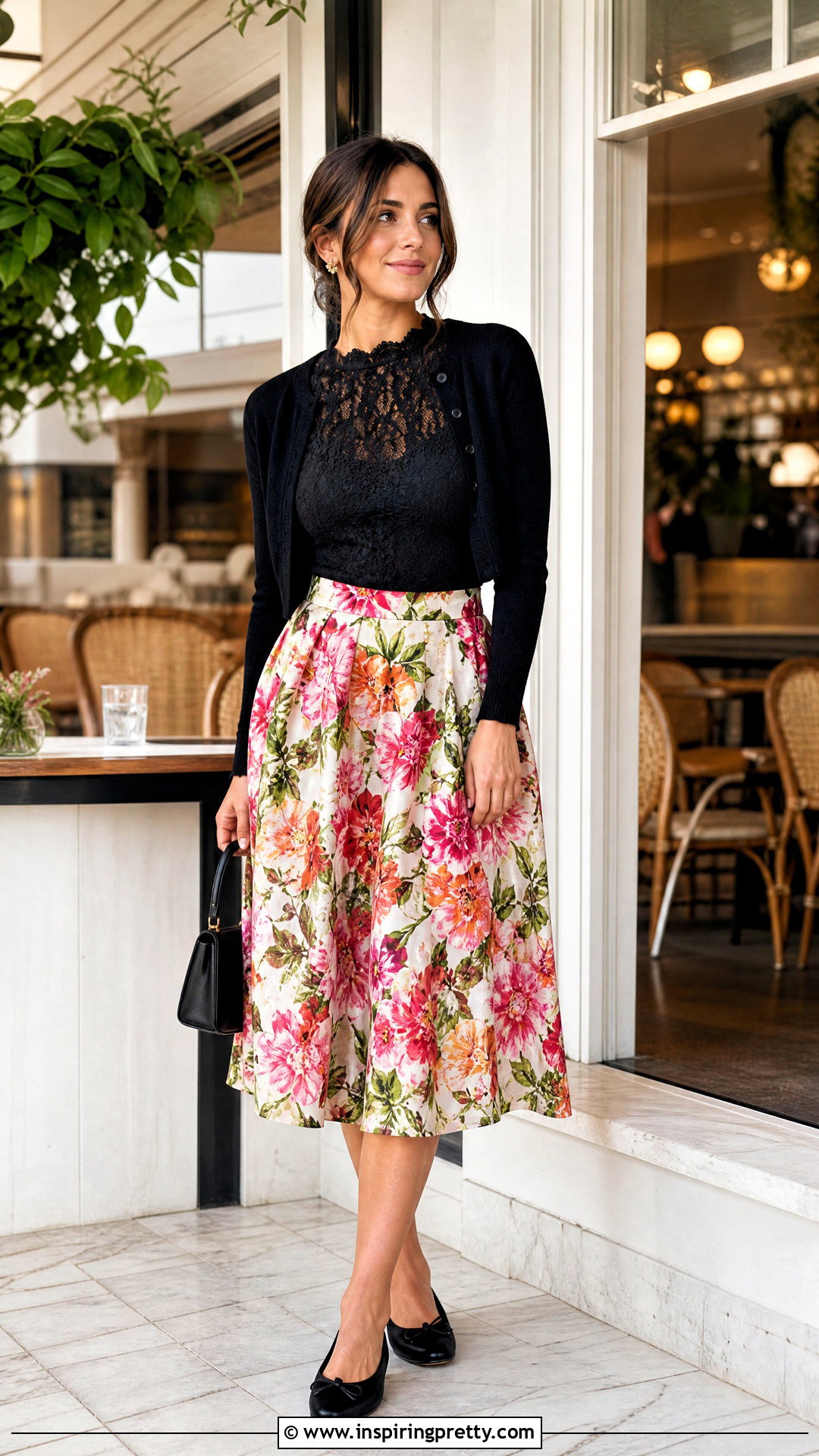 Black Lace Top With Floral Midi Skirt For Brunch - 50 black lace top outfit ideas