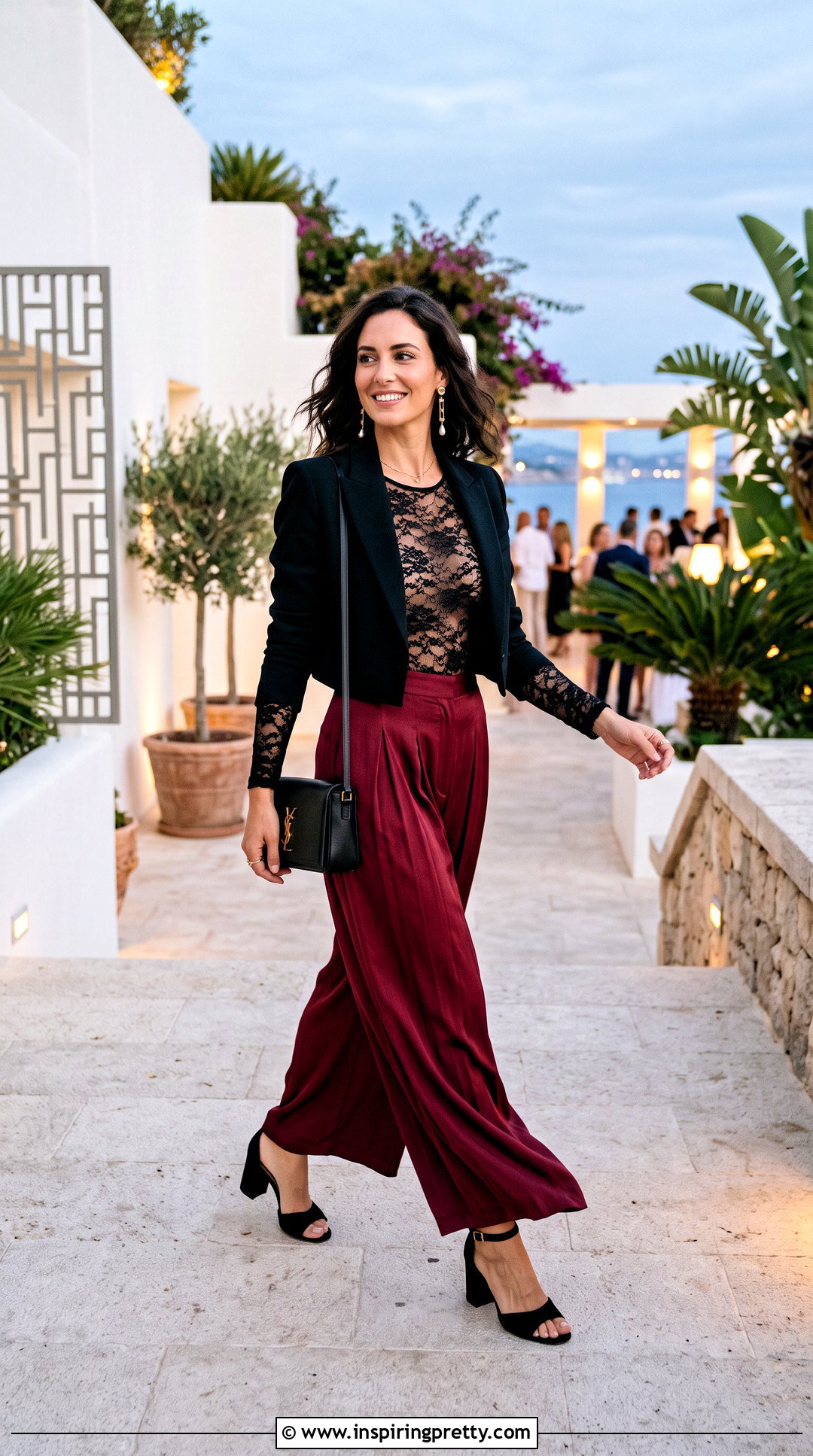 Black Lace Top With Flowing Palazzo Pants - 50 black lace top outfit night ideas