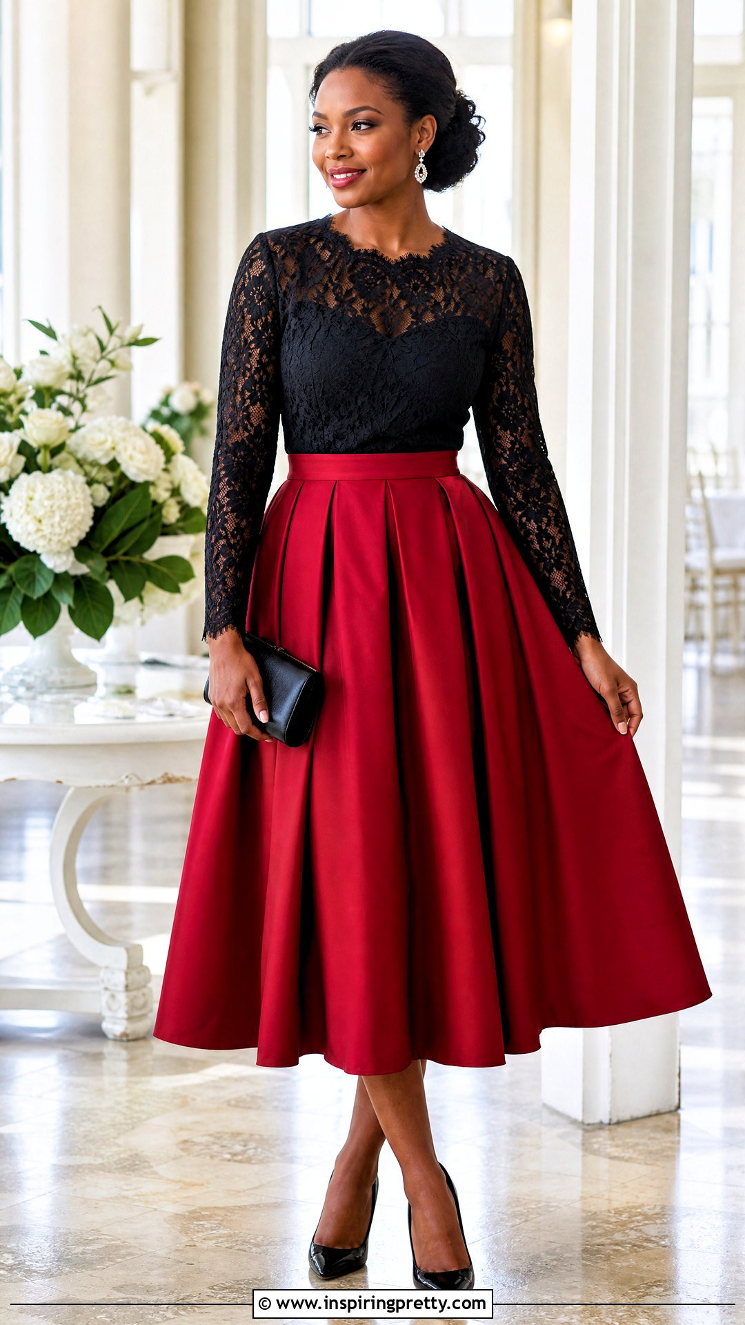 Black Lace Top With Full Midi Skirt - 25 Black Tops Black Women