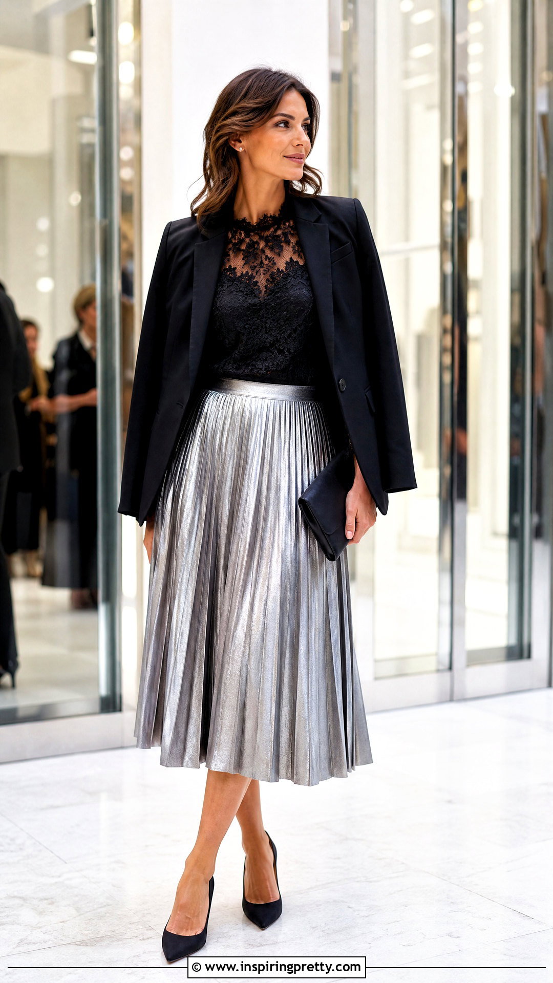 Black Lace Top With Metallic Midi Skirt - 50 black lace top outfit classy ideas