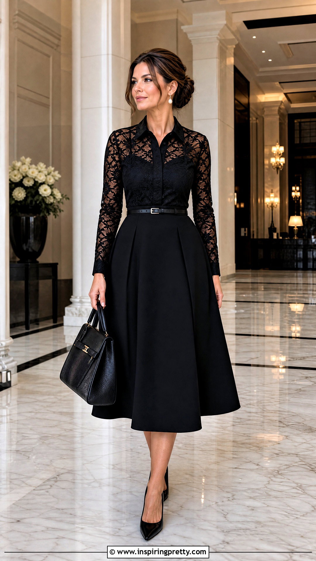 Black Lace Top With Monochrome Midi Skirt - 50 black lace top outfit classy ideas