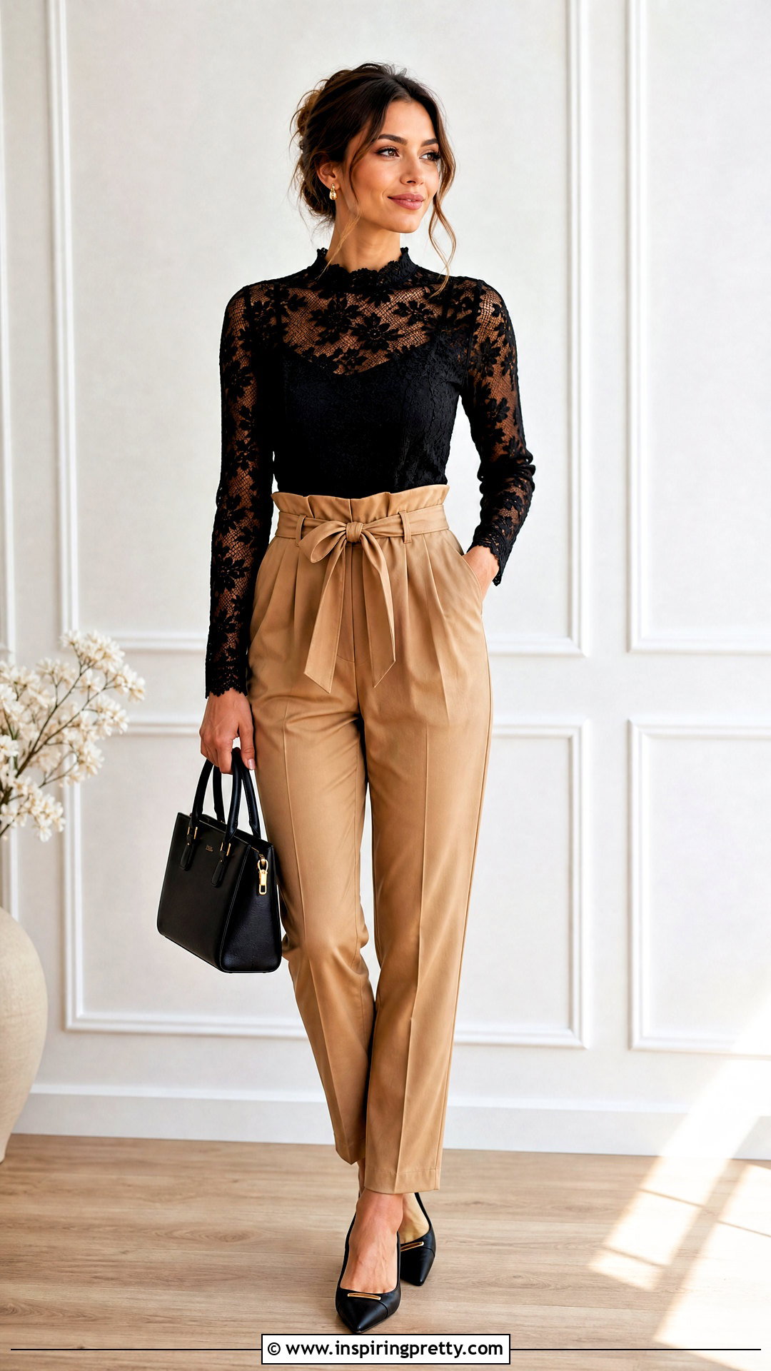 Black Lace Top With Paperbag Waist Pants - 50 black lace top outfit classy ideas