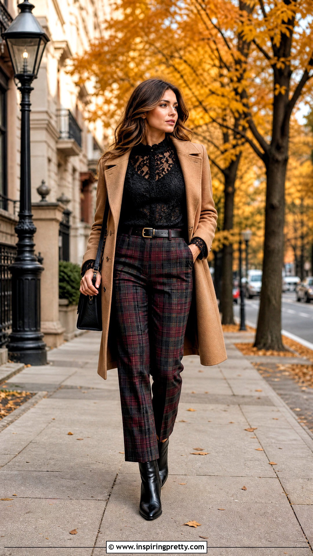 Black Lace Top With Plaid Trousers For Fall - 50 black lace top outfit ideas