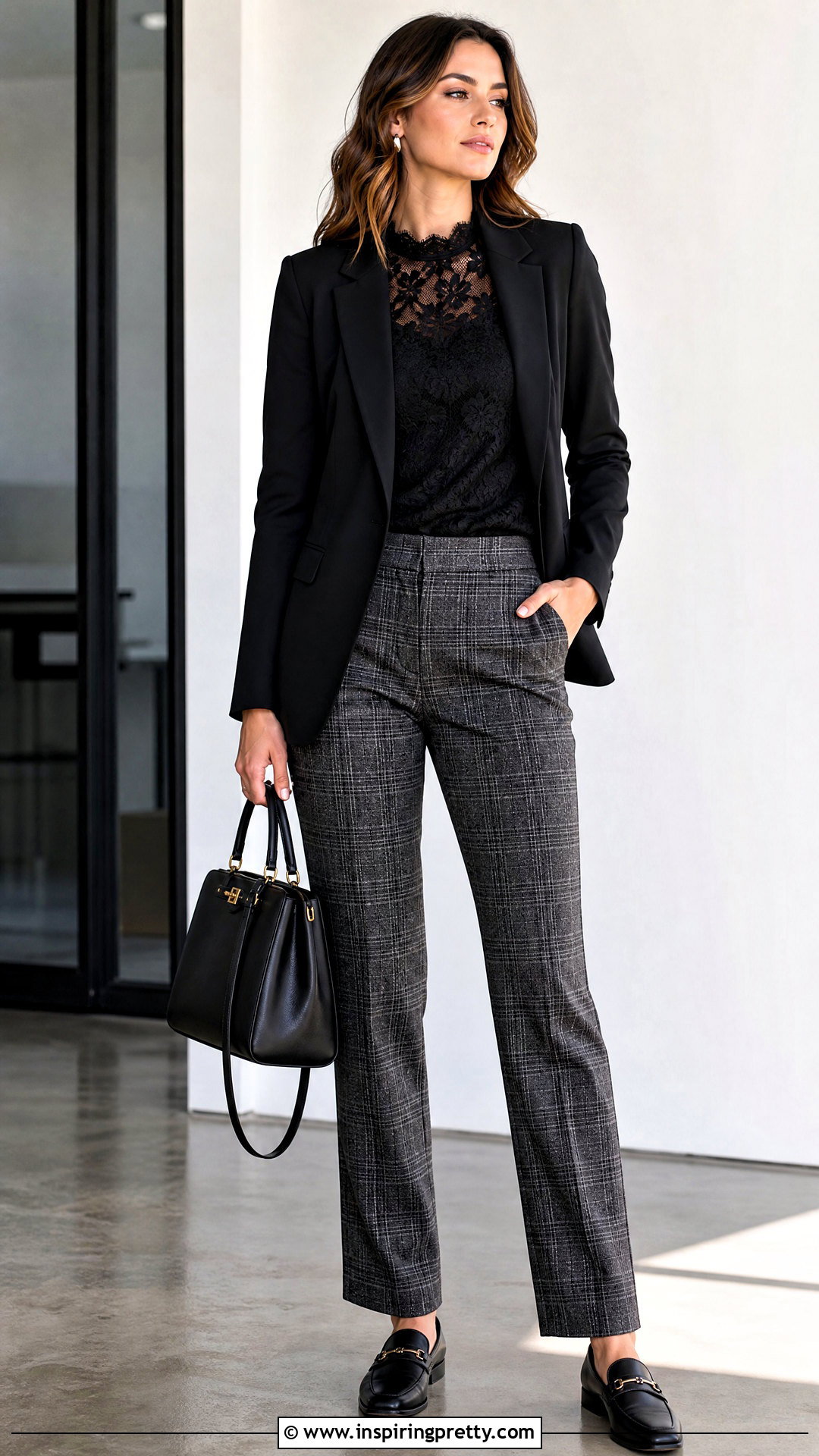 Black Lace Top With Plaid Trousers - 50 black lace top outfit classy ideas