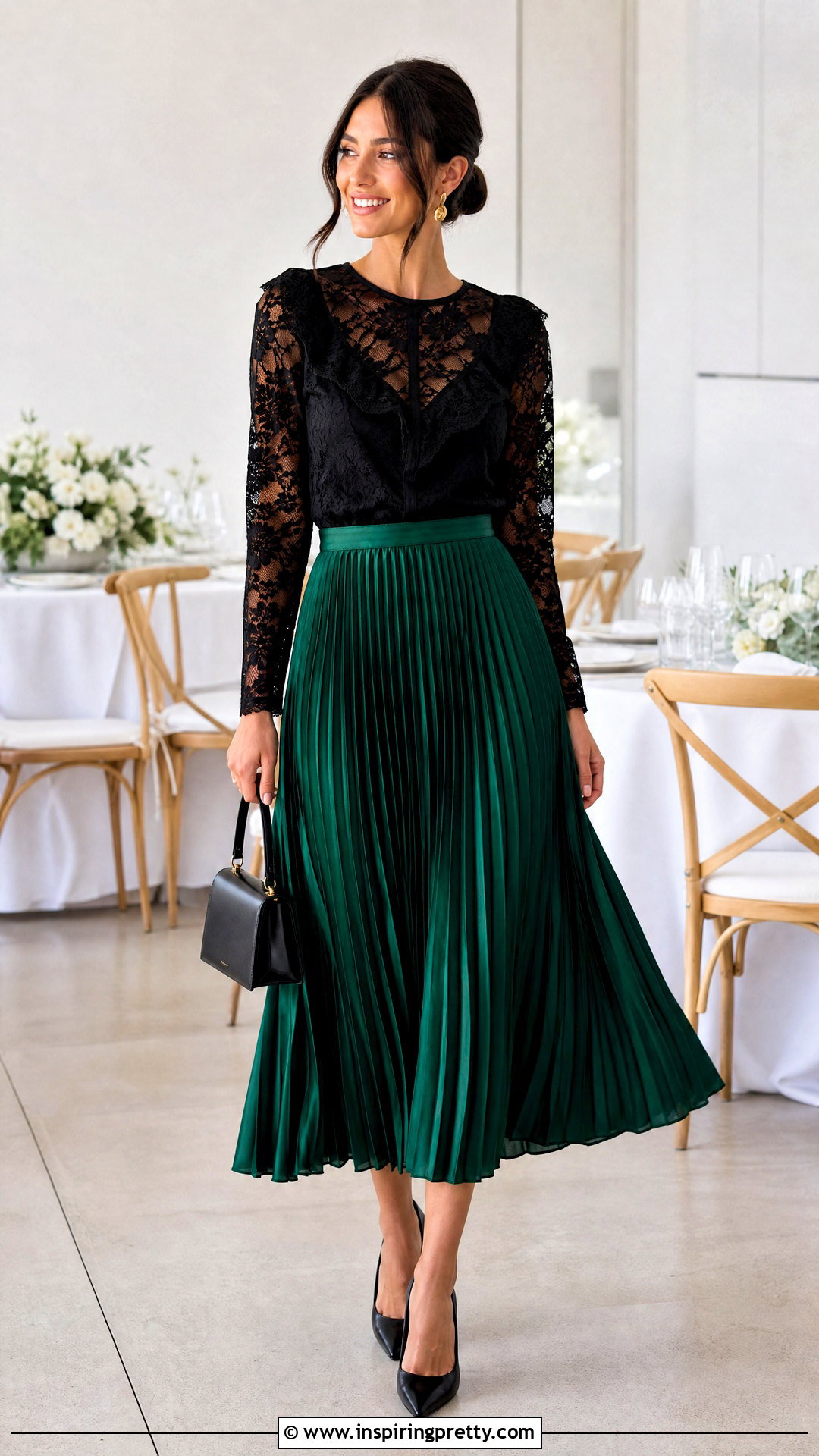 Black Lace Top With Pleated Midi Skirt - 50 black lace top outfit classy ideas
