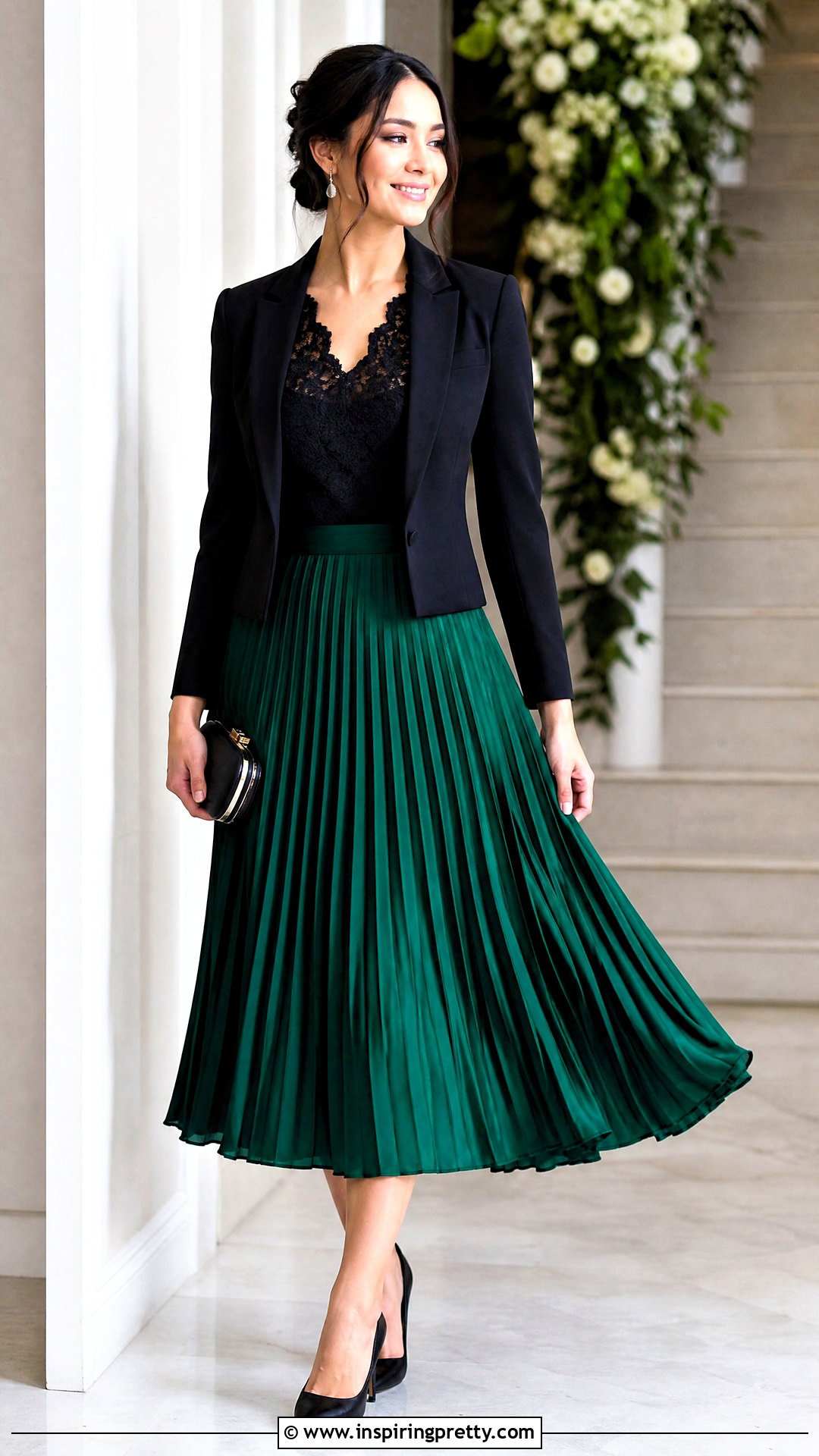 Black Lace Top With Pleated Midi Skirt - 50 black lace top outfit night ideas