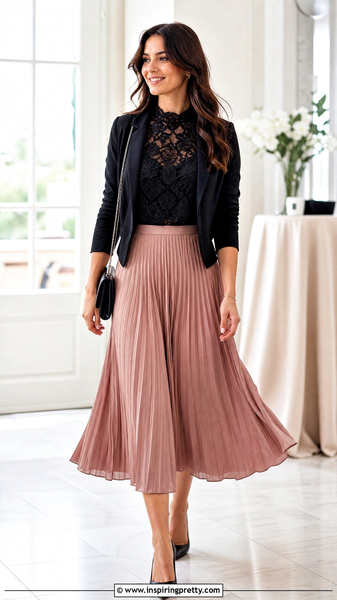 Black Lace Top With Pleated Midi Skirt - 20 black lace top on hanger outfit ideas