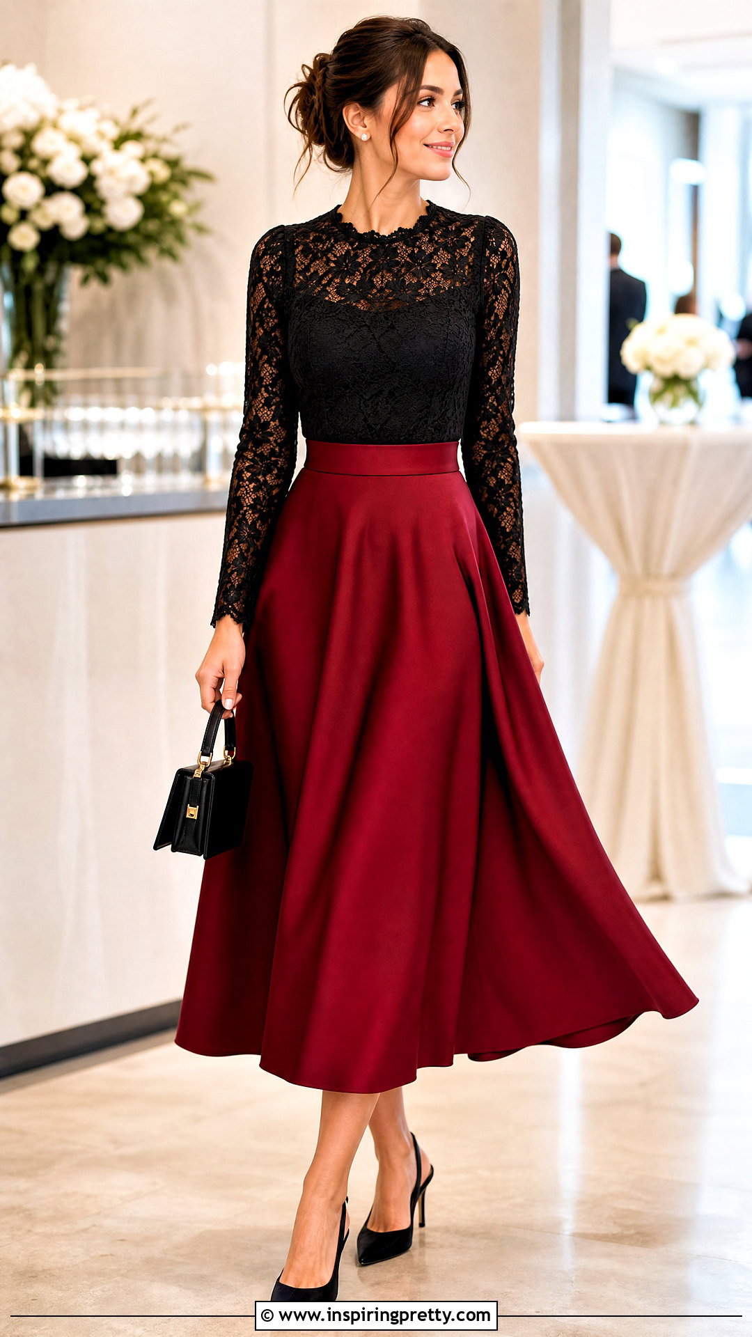 Black Lace Top With Red Midi Skirt - 50 black lace top outfit classy ideas
