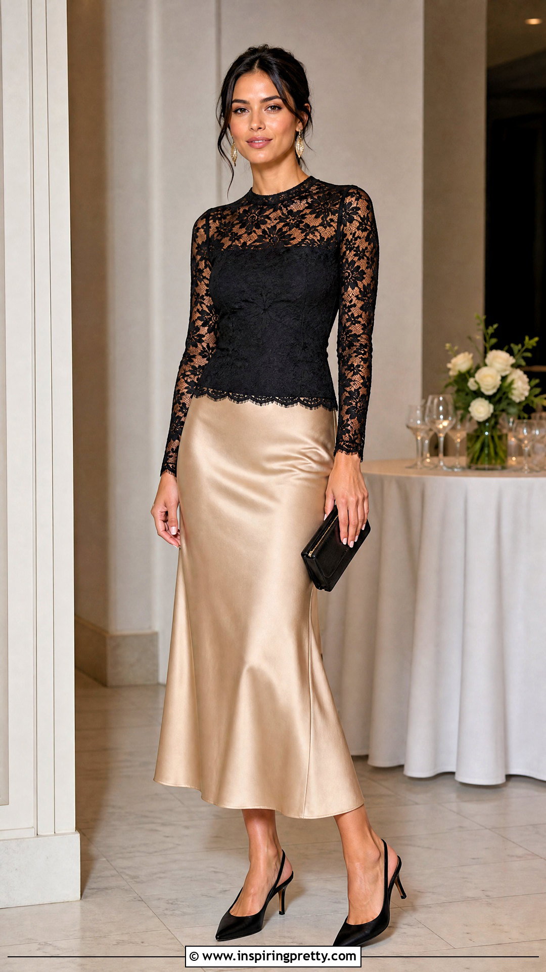 Black Lace Top With Satin Midi Skirt - 50 black lace top outfit classy ideas