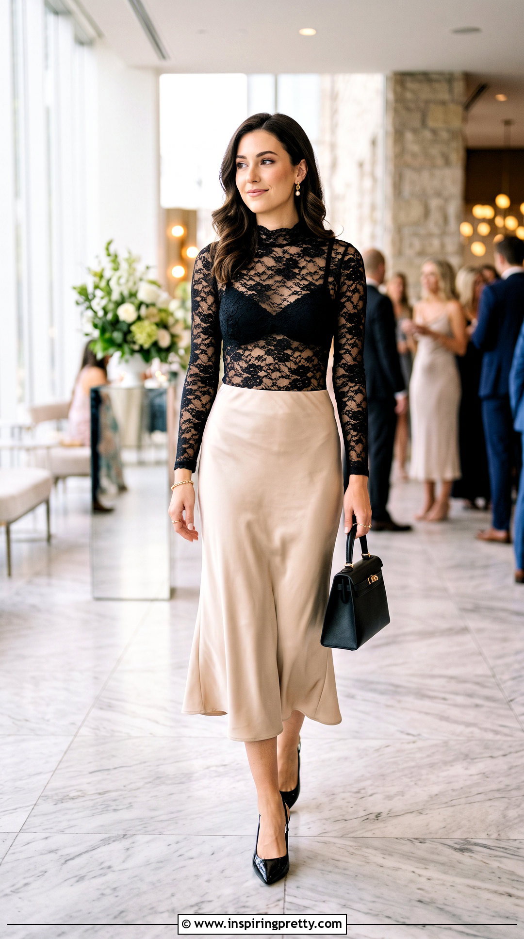 Black Lace Top With Satin Midi Skirt - 50 black lace top outfit ideas