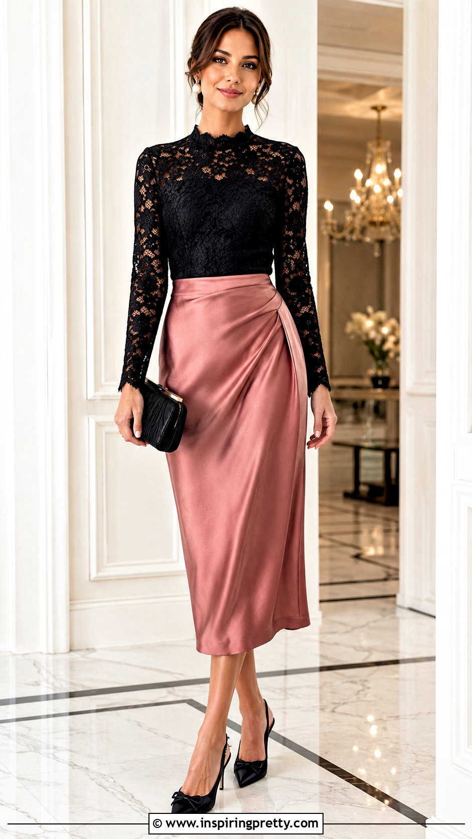 Black Lace Top With Satin Midi Skirt - 50 black tops for women
