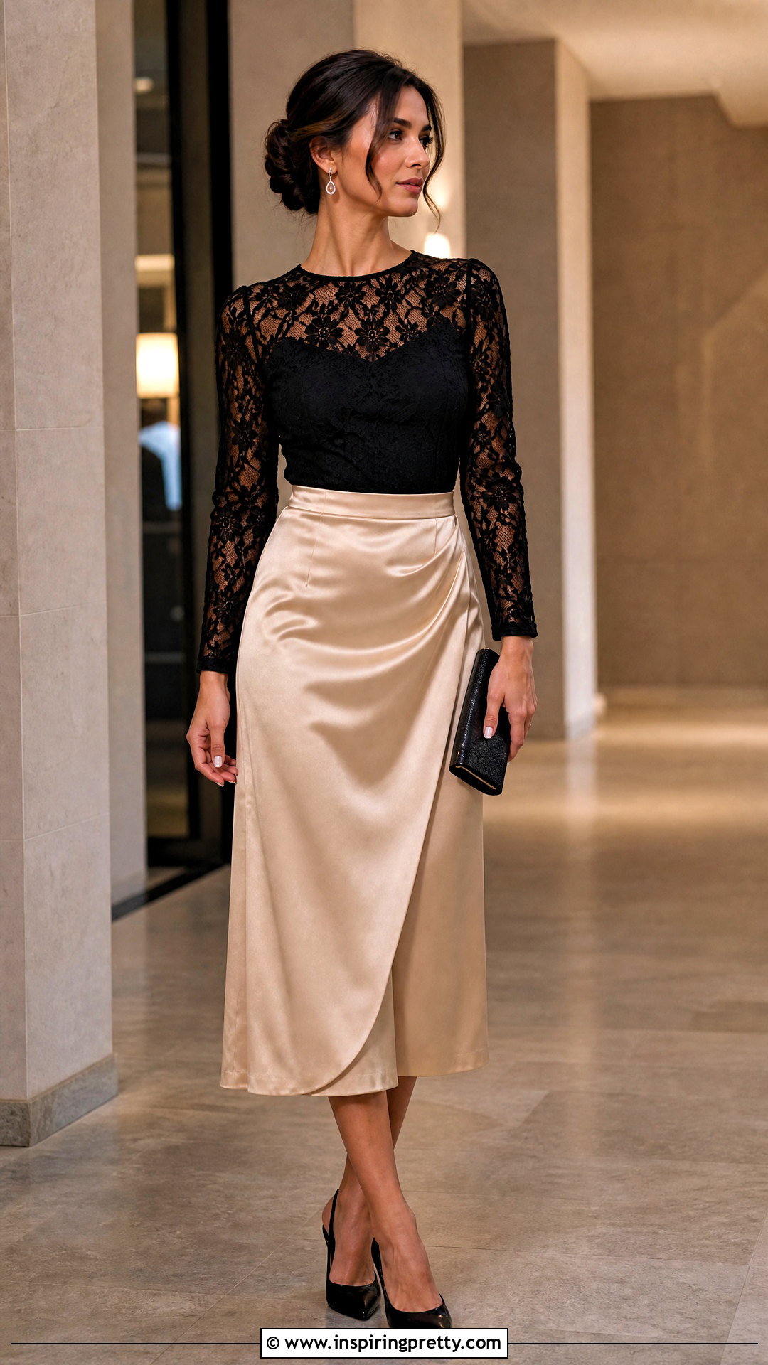Black Lace Top With Satin Midi Skirt And Heels - 20 Elegant Outfit With Lace Top And Heels