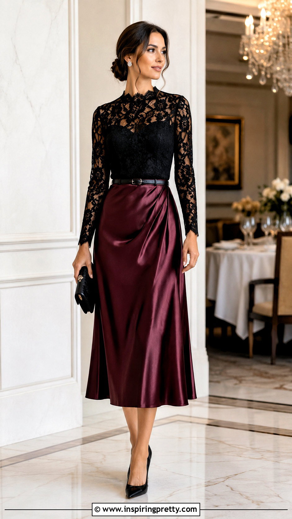 Black Lace Top With Satin Skirt - 50 pretty tops outfit ideas